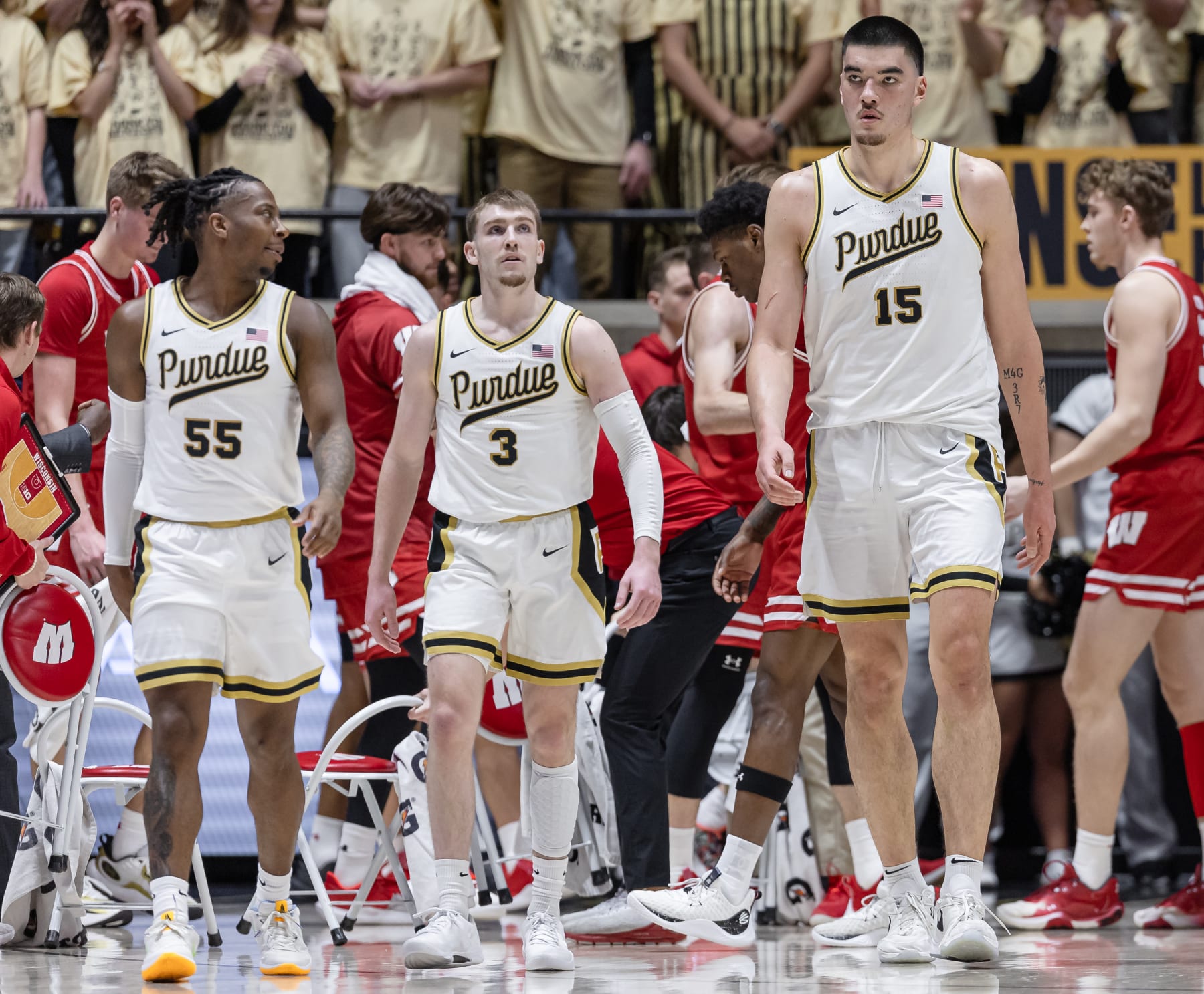 WEST LAFAYETTE, INDIANA - MARCH 10: Zach Edey #15 of the Purdue Boilermakers is seen during the game against the Wisconsin Badgers at Mackey Arena on March 10, 2024 in West Lafayette, Indiana. (Photo by Michael Hickey/Getty Images)