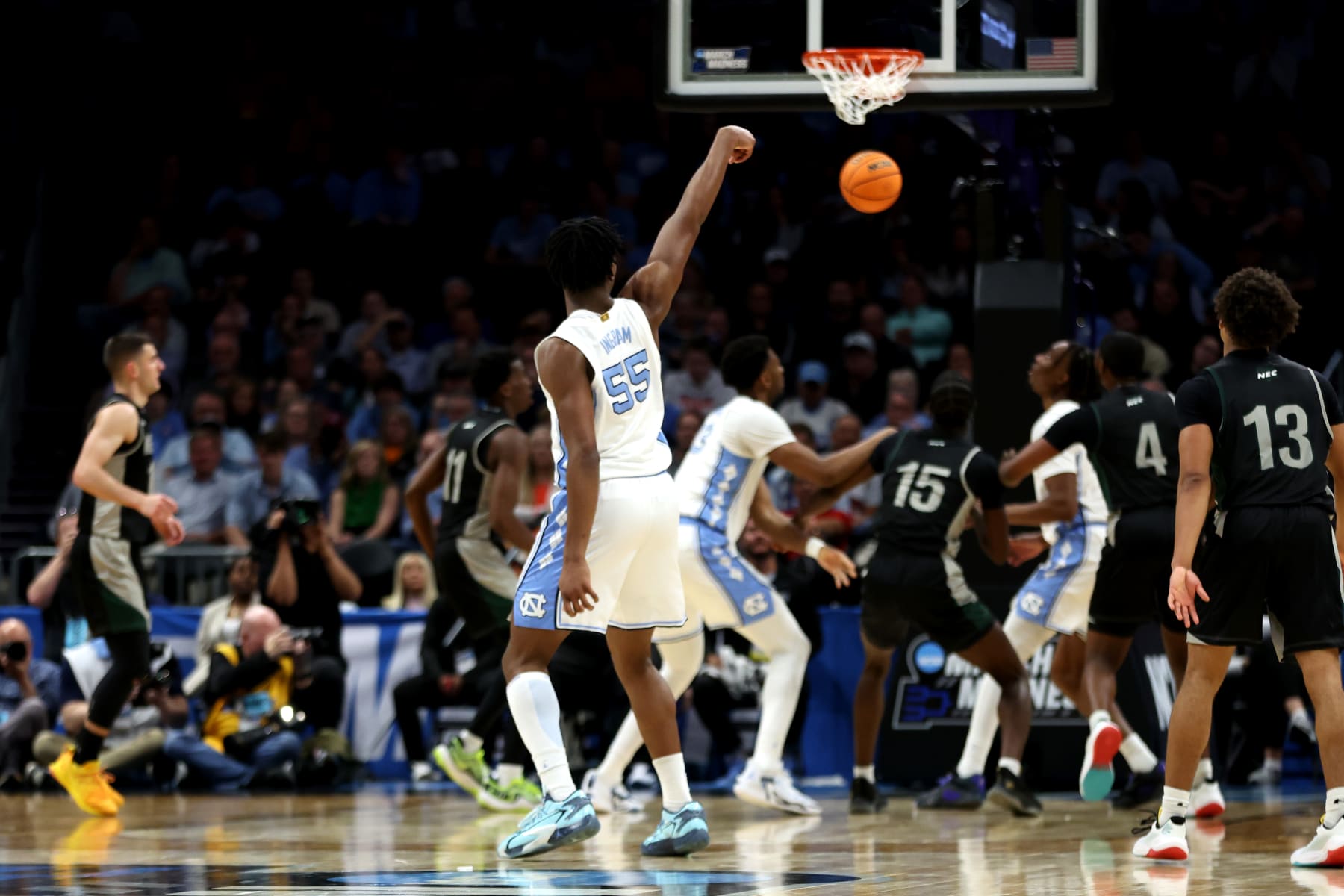 CHARLOTTE, NORTH CAROLINA - MARCH 21: Harrison Ingram #55 of the North Carolina Tar Heels watches his shot during the second half of during the first round of the NCAA Men's Basketball Tournament against the Wagner Seahawks at Spectrum Center on March 21, 2024 in Charlotte, North Carolina. (Photo by David Jensen/NCAA Photos via Getty Images)