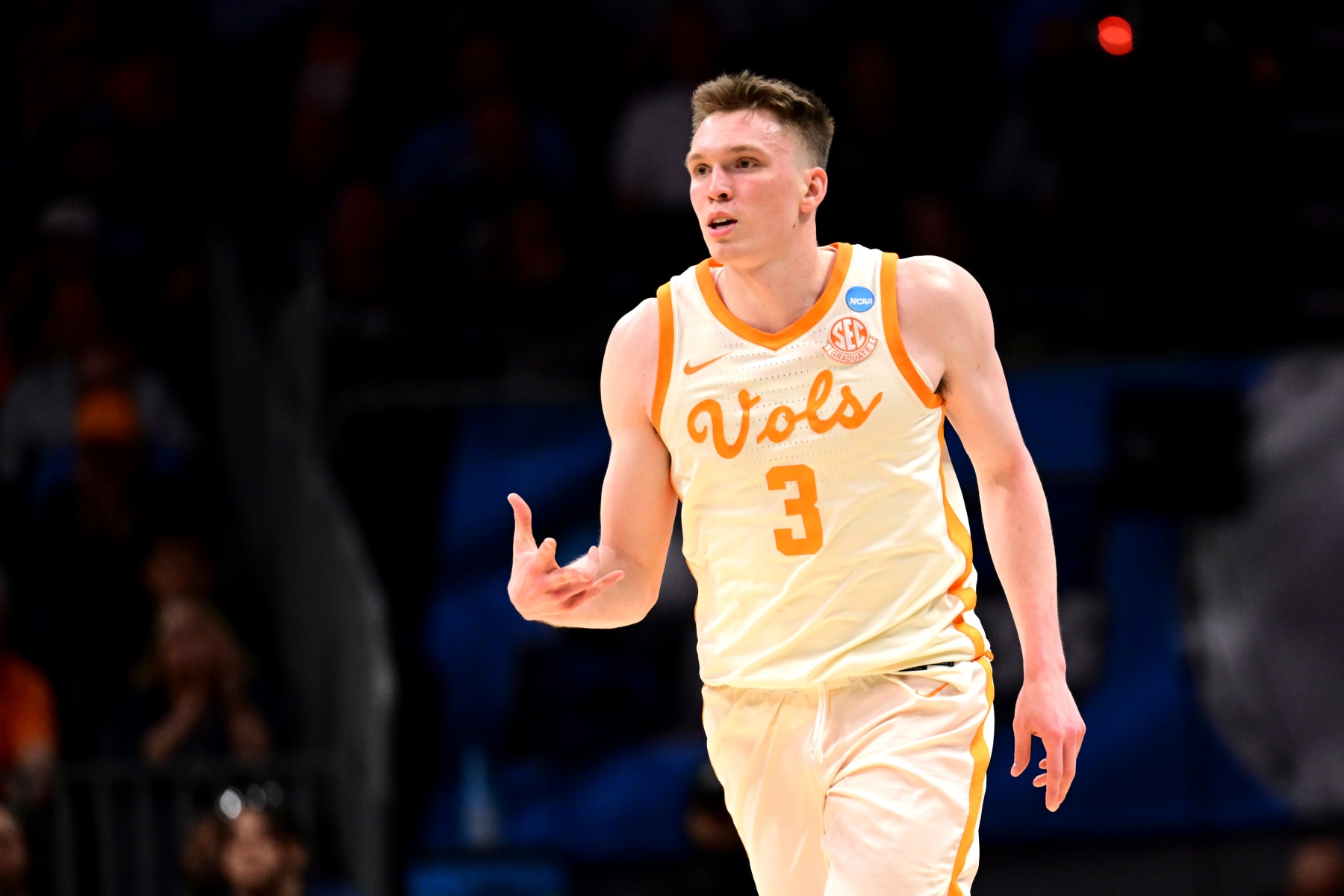 CHARLOTTE, NORTH CAROLINA - MARCH 21: Dalton Knecht #3 of the Tennessee Volunteers reacts in the first half during the first round of the NCAA Men's Basketball Tournament against the Saint Peter's Peacocks at Spectrum Center on March 21, 2024 in Charlotte, North Carolina. (Photo by Grant Halverson/NCAA Photos via Getty Images)