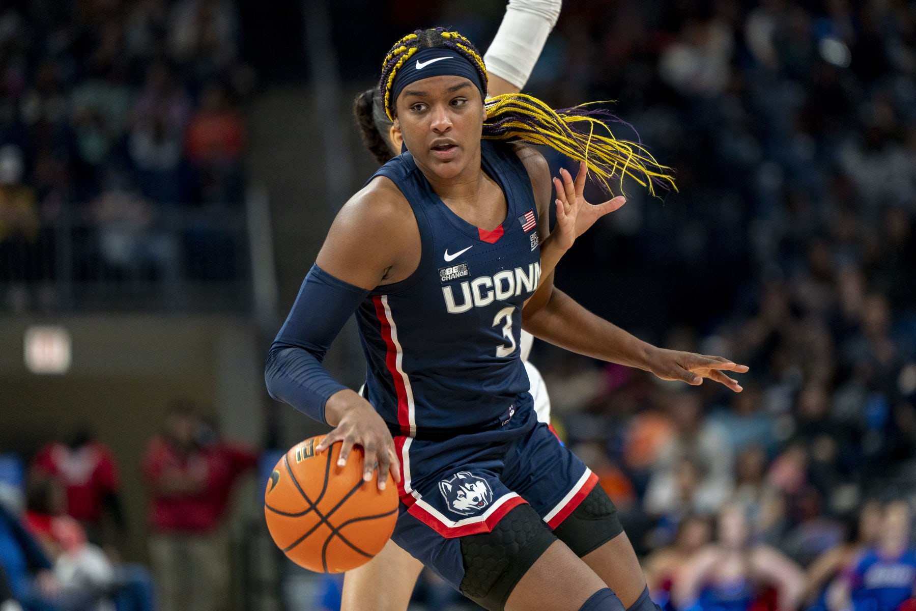 CHICAGO, IL - FEBRUARY 25: UConn Huskies forward Aaliyah Edwards (3) dribbles past a DePaul Blue Demons player during the women's college basketball game between the UConn Huskies and the Depaul Blue Demons on February 25, 2024, at Wintrust Arena in Chicago, IL. (Photo by Ben Hsu/Icon Sportswire via Getty Images)