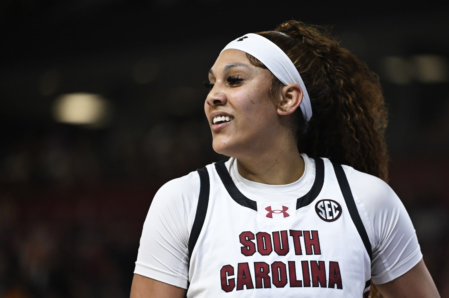 GREENVILLE, SOUTH CAROLINA - MARCH 10: Kamilla Cardoso #10 of the South Carolina Gamecocks looks on against the LSU Lady Tigers in the first quarter during the championship game of the SEC Women's Basketball Tournament at Bon Secours Wellness Arena on March 10, 2024 in Greenville, South Carolina. (Photo by Eakin Howard/Getty Images)