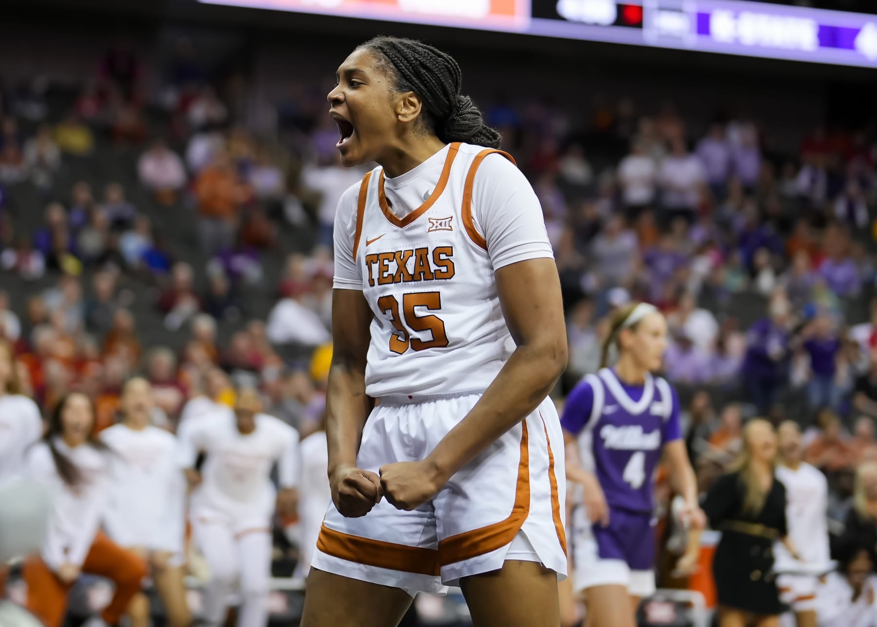 KANSAS CITY, MISSOURI - MARCH 11: Madison Booker #35 of the Texas Longhorns celebrates after scoring against the Kansas State Wildcats during the second half of the Big 12 Women's Basketball Tournament at T-Mobile Center on March 11, 2024 in Kansas City, Missouri. (Photo by Jay Biggerstaff/Getty Images)
