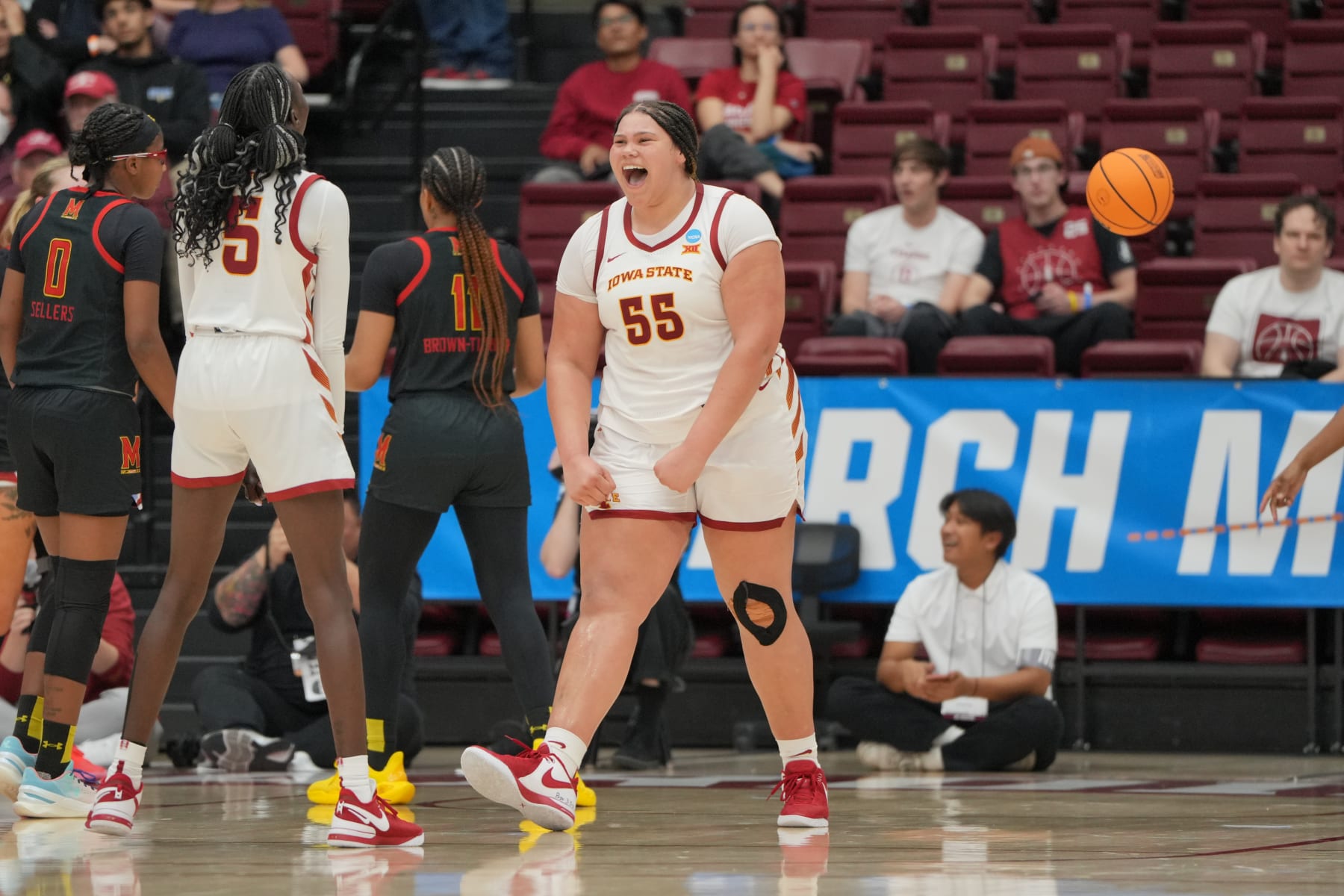 PALO ALTO, CALIFORNIA - MARCH 22: Audi Crooks #56 of the Iowa State Cyclones celebrates against the Maryland Terrapins during the first round of the 2024 NCAA Women's Basketball Tournament held at Stanford Maples Pavilion on March 22, 2024 in Palo Alto, California. (Photo by John Todd/NCAA Photos via Getty Images)
