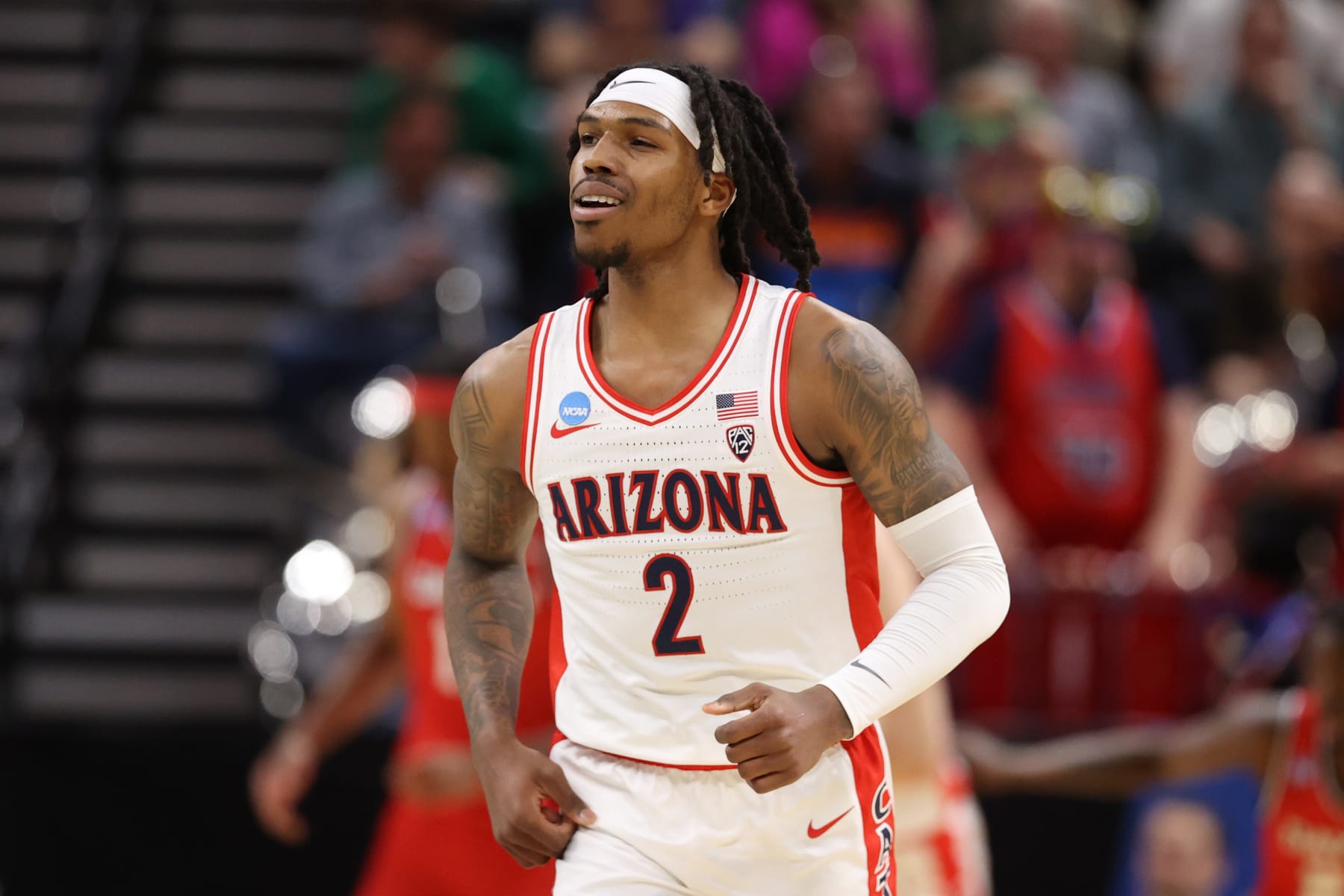 SALT LAKE CITY, UTAH - MARCH 23: Caleb Love #2 of the Arizona Wildcats reacts during the first half against the Dayton Flyers in the second round of the NCAA Men's Basketball Tournament at Delta Center on March 23, 2024 in Salt Lake City, Utah. (Photo by Christian Petersen/Getty Images)