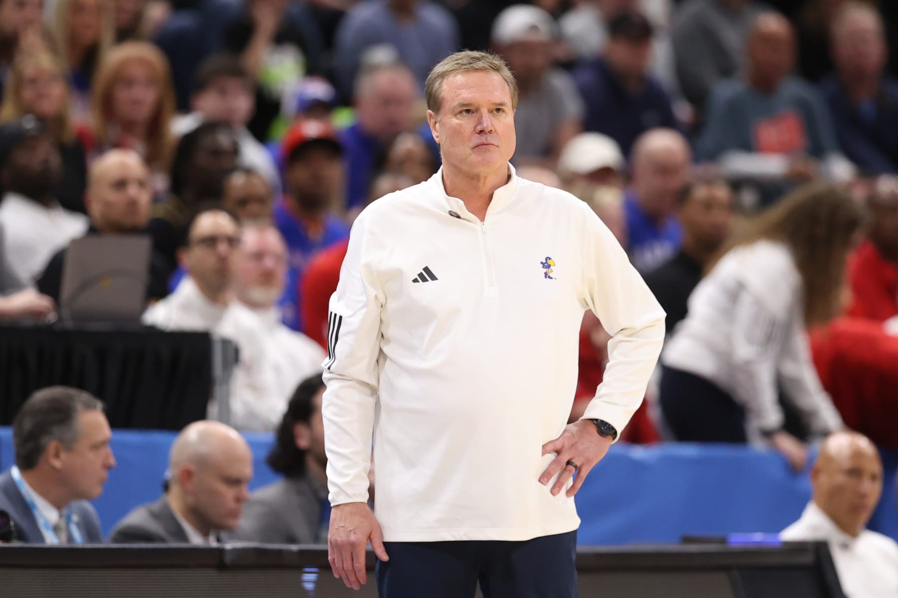 SALT LAKE CITY, UTAH - MARCH 23: Head coach Bill Self of the Kansas Jayhawks reacts during the first half against the Gonzaga Bulldogs in the second round of the NCAA Men's Basketball Tournament at Delta Center on March 23, 2024 in Salt Lake City, Utah. (Photo by Christian Petersen/Getty Images)