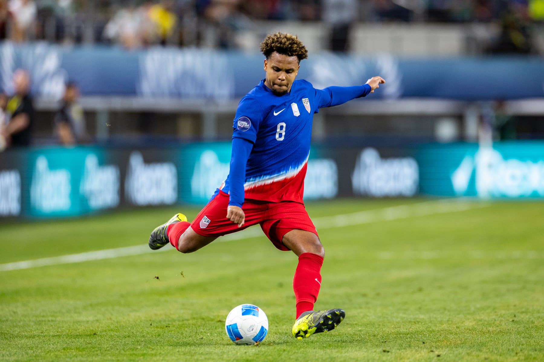 ARLINGTON, TX - MARCH 21: United States midfielder Weston McKennie (#8) crosses the ball during the Concacaf Nations League semi final match between the United States and Jamaica on March 21, 2024 at AT&T Stadium in Arlington, Texas. (Photo by Matthew Visinsky/Icon Sportswire via Getty Images)