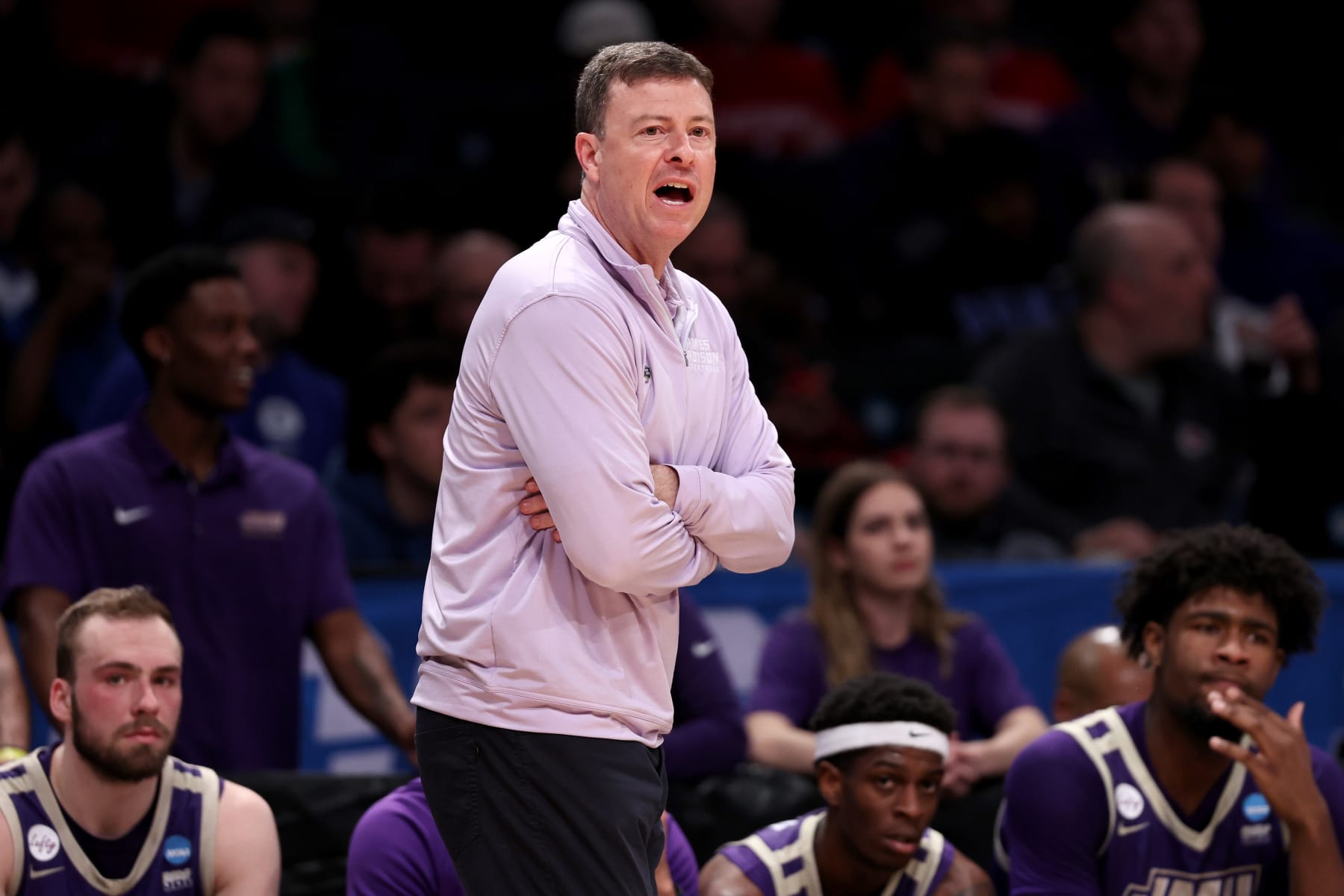 NEW YORK, NEW YORK - MARCH 22: Head Coach Mark Byington of the James Madison Dukes coaches against the Wisconsin Badgers during the first round of the 2024 NCAA Men's Basketball Tournament held at Barclays Center on March 22, 2024 in New York City. (Photo by Dustin Satloff/NCAA Photos via Getty Images)