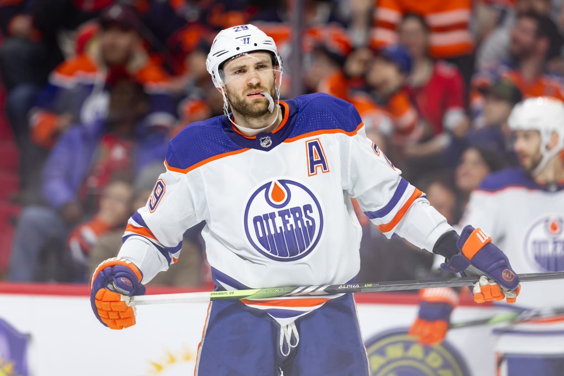 OTTAWA, ON - MARCH 24: Edmonton Oilers Center Leon Draisaitl (29) before a face-off during second period National Hockey League action between the Edmonton Oilers and Ottawa Senators on March 24, 2024, at Canadian Tire Centre in Ottawa, ON, Canada. (Photo by Richard A. Whittaker/Icon Sportswire via Getty Images)
