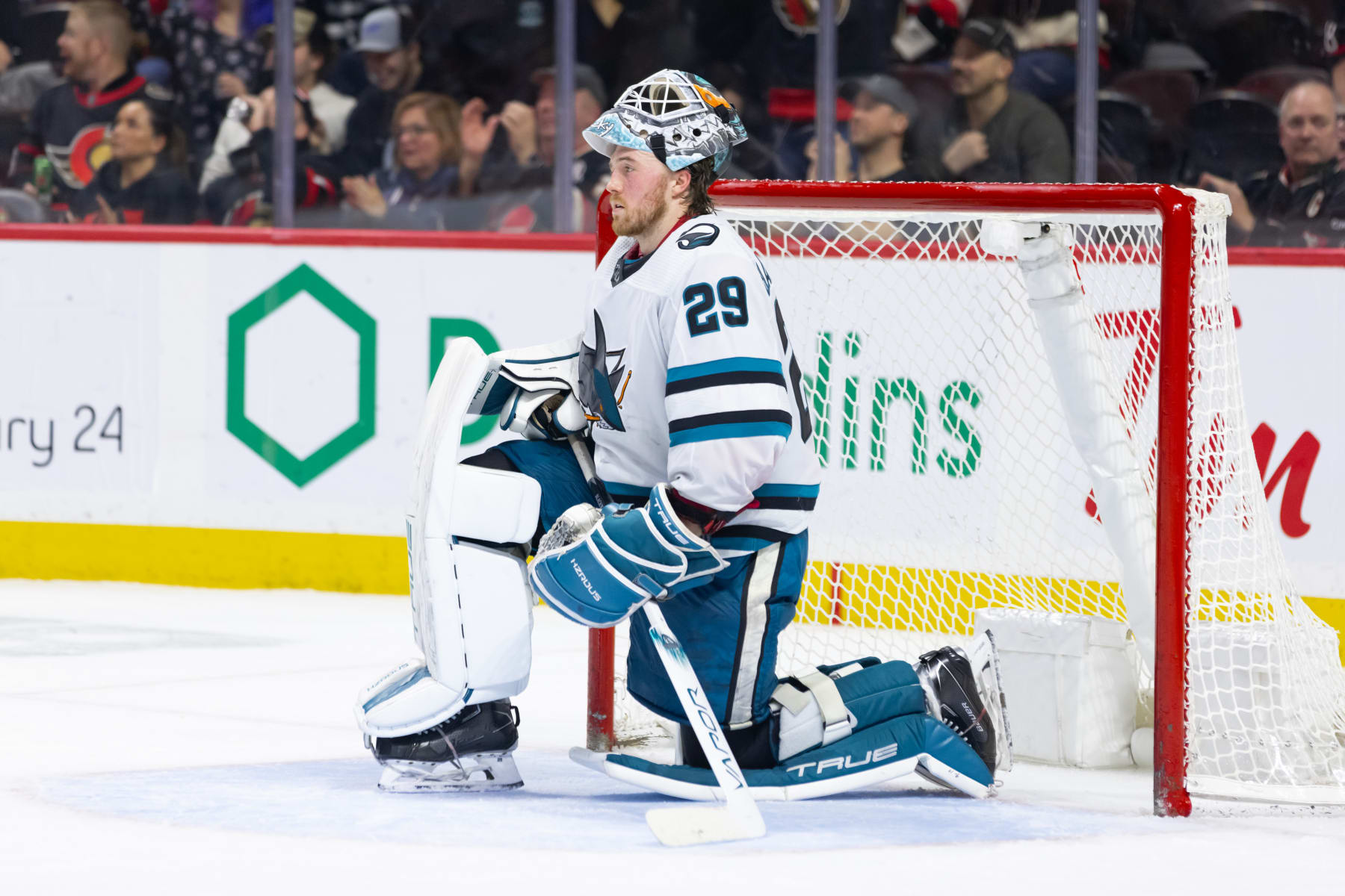 OTTAWA, ON - JANUARY 13: San Jose Sharks Goalie Mackenzie Blackwood (29) after allowing the go ahead goal during third period National Hockey League action between the San Jose Sharks and Ottawa Senators on January 13, 2024, at Canadian Tire Centre in Ottawa, ON, Canada. (Photo by Richard A. Whittaker/Icon Sportswire via Getty Images)