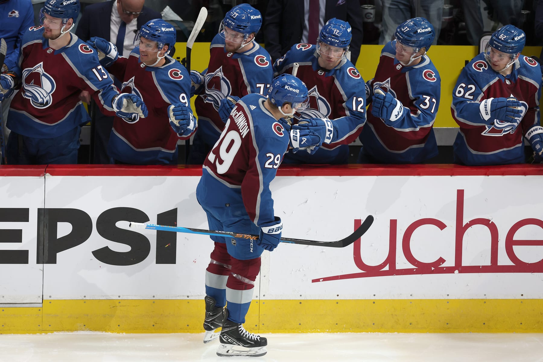 DENVER, COLORADO - MARCH 26: Nathan MacKinnon #29 of the Colorado Avalanche celebrates with his teammates after scoring against the Montreal Canadiens in the first period at Ball Arena on March 26, 2024 in Denver, Colorado. (Photo by Matthew Stockman/Getty Images)