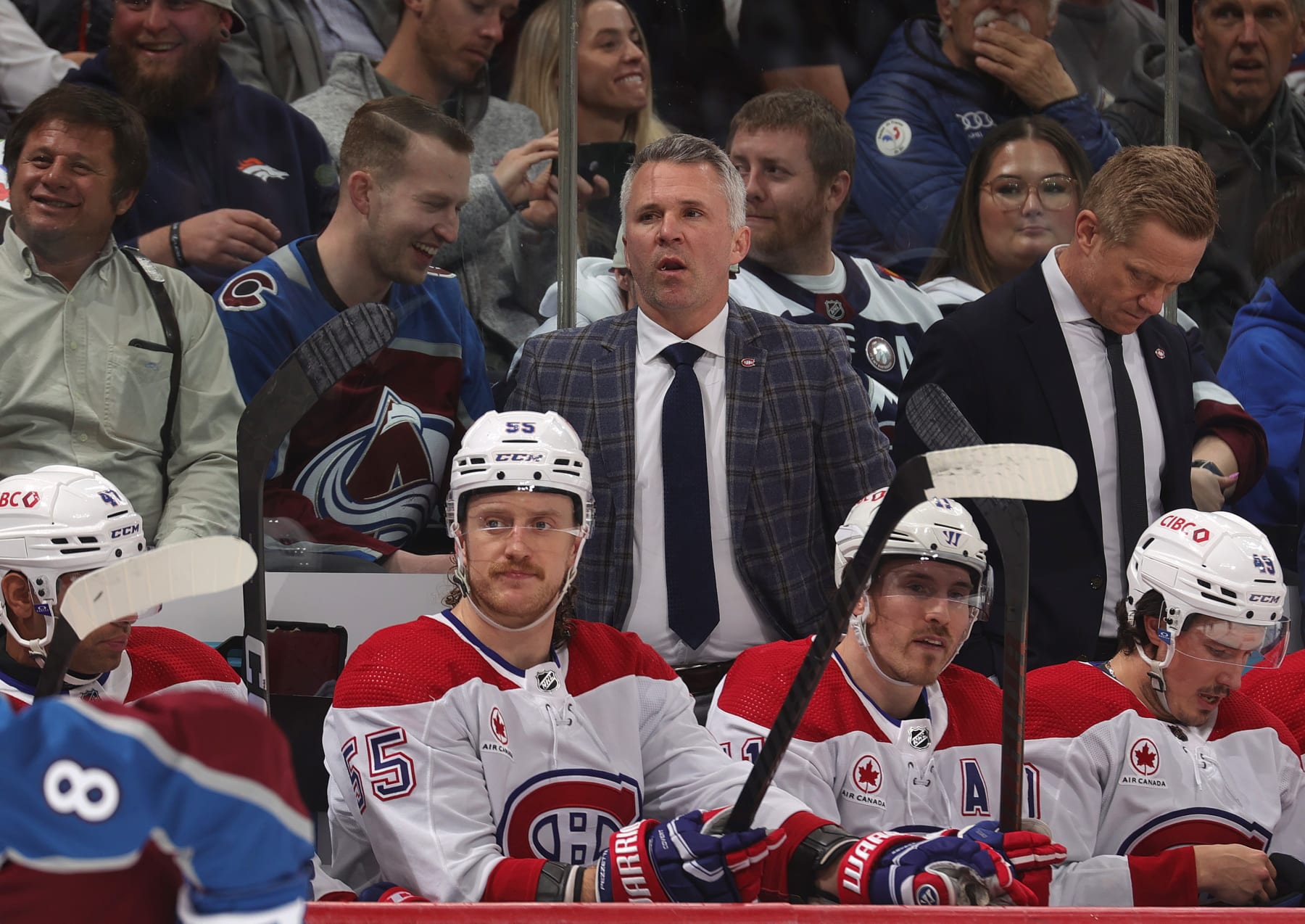 DENVER, COLORADO - MARCH 26: Head coach Martin St. Louis of the Montreal Canadiens looks on against the Colorado Avalanche during the first period at Ball Arena on March 26, 2024 in Denver, Colorado. (Photo by Michael Martin/NHLI via Getty Images)