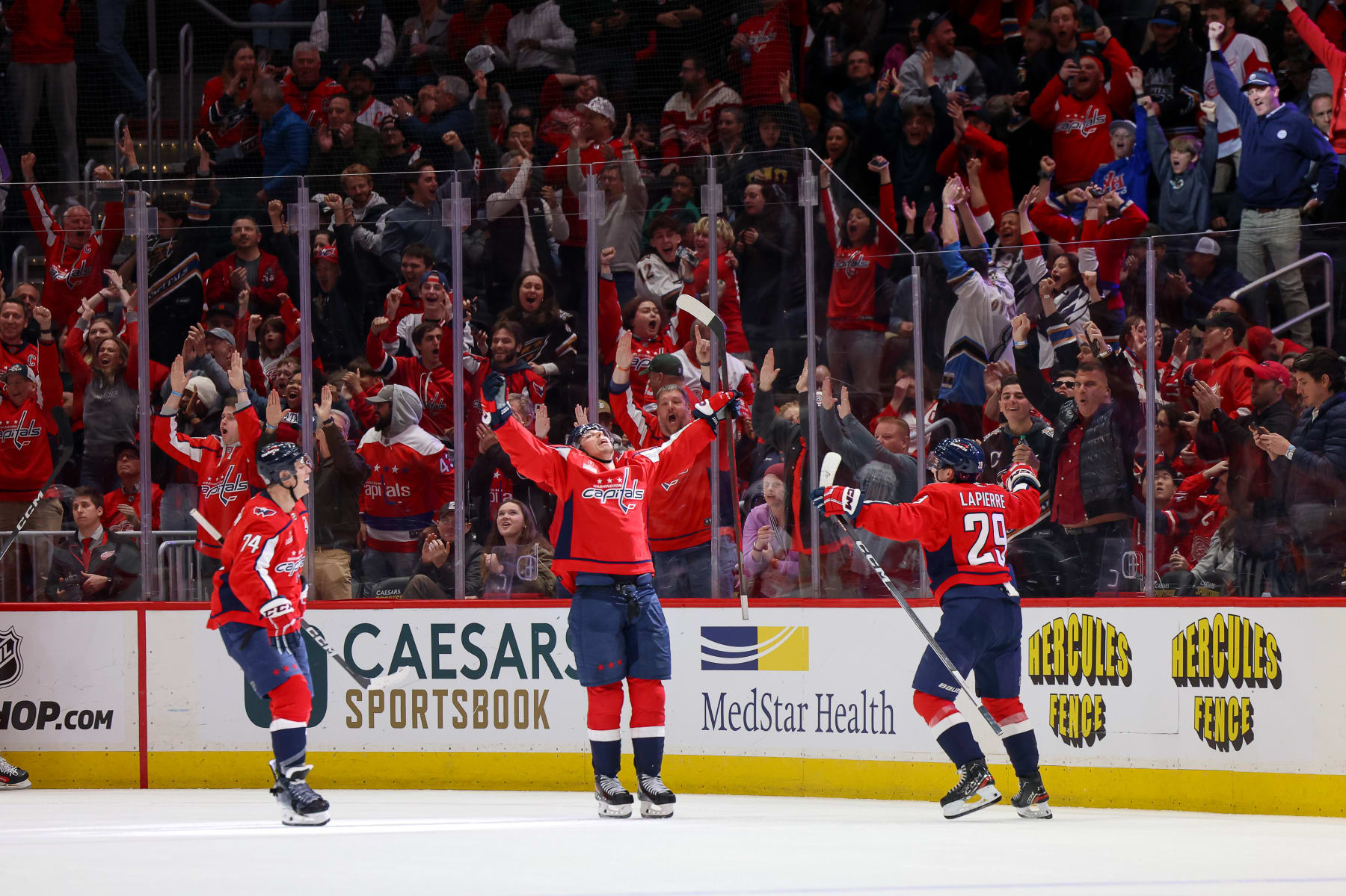 WASHINGTON, DC - MARCH 26: Dylan Strome #17 of the Washington Capitals celebrates the game winning goal in overtime against the Detroit Red Wings at Capital One Arena on March 26, 2024 in Washington, D.C. (Photo by John McCreary/NHLI via Getty Images)