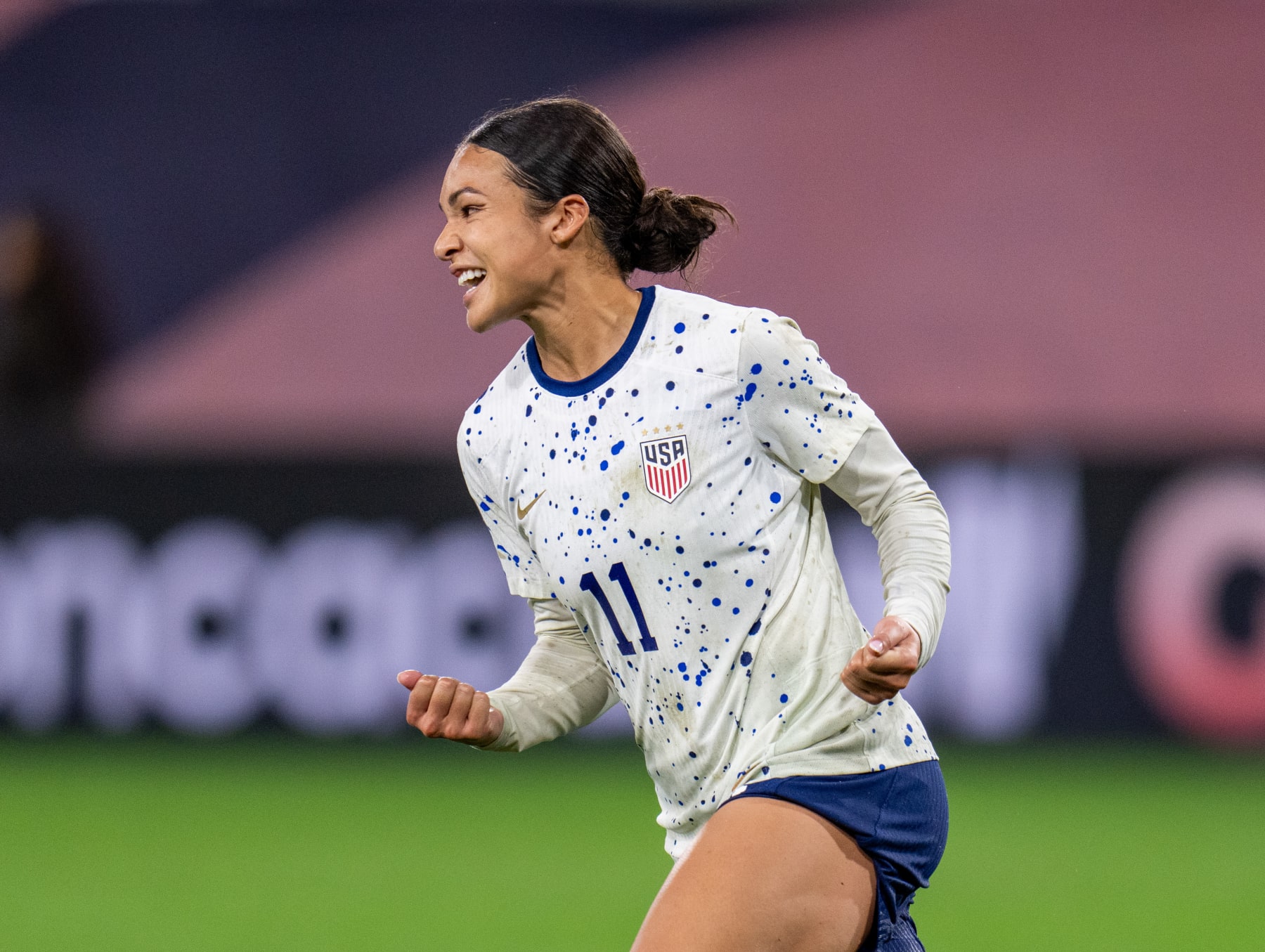 SAN DIEGO, CA - MARCH 6: Sophia Smith #11 of the United States celebrates converting her penalty kick during a 2024 Concacaf W Gold Cup semifinal match between the United States and Canada at Snapdragon Stadium on March 6, 2024 in San Diego, California. (Photo by Brad Smith/ISI Photos/USSF/Getty Images for USSF)