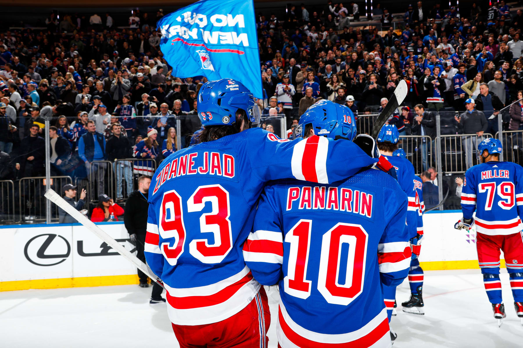 NEW YORK, NEW YORK - MARCH 26: Mika Zibanejad #93 and Artemi Panarin #10 of the New York Rangers celebrate after a 6-5 win in overtime against the Philadelphia Flyers at Madison Square Garden on March 26, 2024 in New York City. (Photo by Jared Silber/NHLI via Getty Images)
