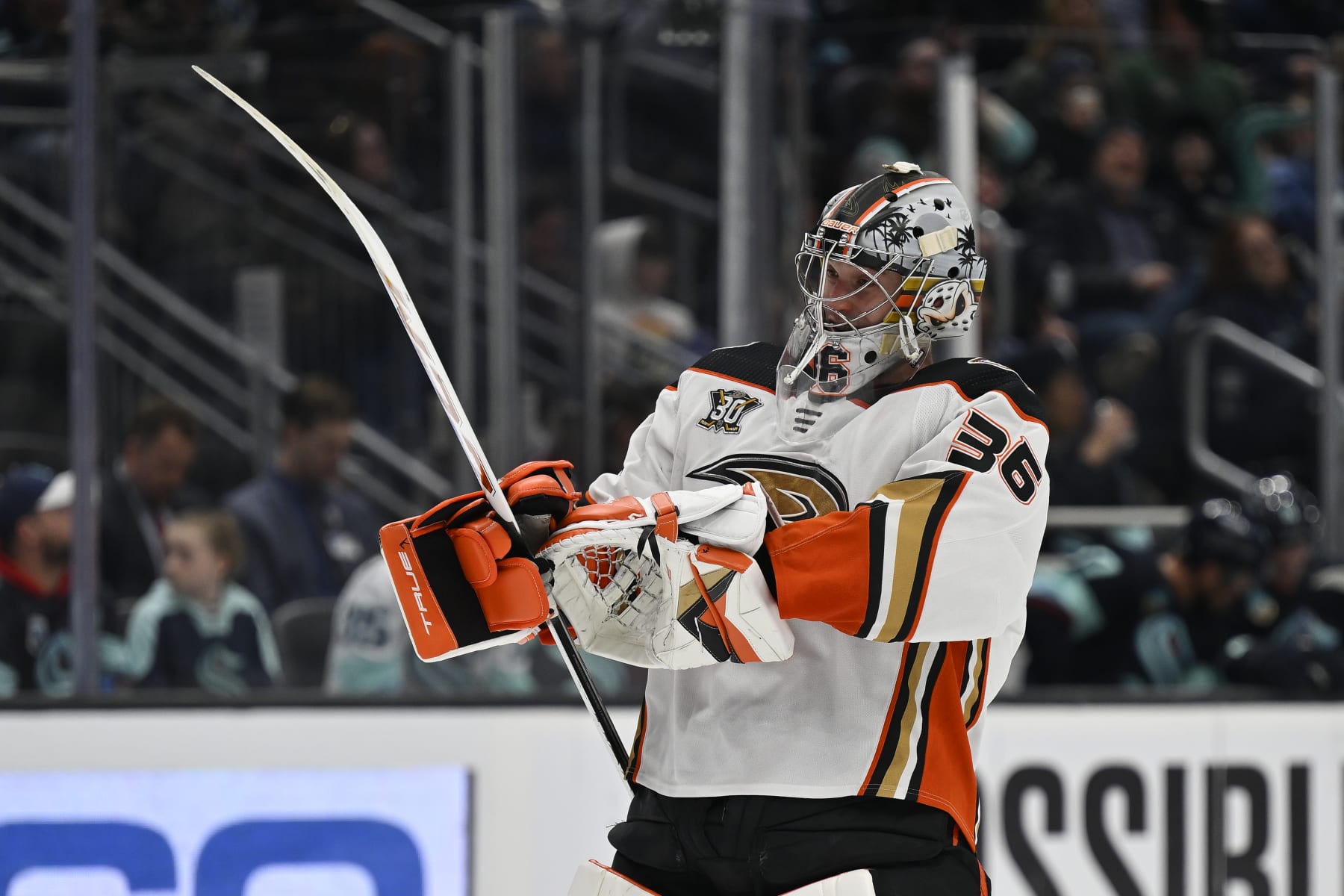 SEATTLE, WASHINGTON - MARCH 26: John Gibson #36 of the Anaheim Ducks looks on during the second period against the Seattle Kraken at Climate Pledge Arena on March 26, 2024 in Seattle, Washington. The Seattle Kraken won 4-0. (Photo by Alika Jenner/Getty Images)