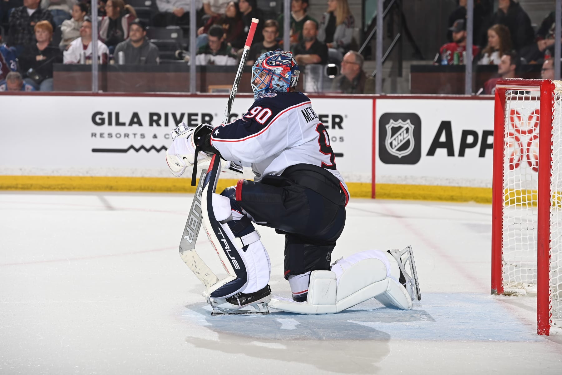 TEMPE, ARIZONA - MARCH 26: Elvis Merzlikins #90 of the Columbus Blue Jackets gets ready to make a save against the Arizona Coyotes at Mullett Arena on March 26, 2024 in Tempe, Arizona. (Photo by Norm Hall/NHLI via Getty Images)