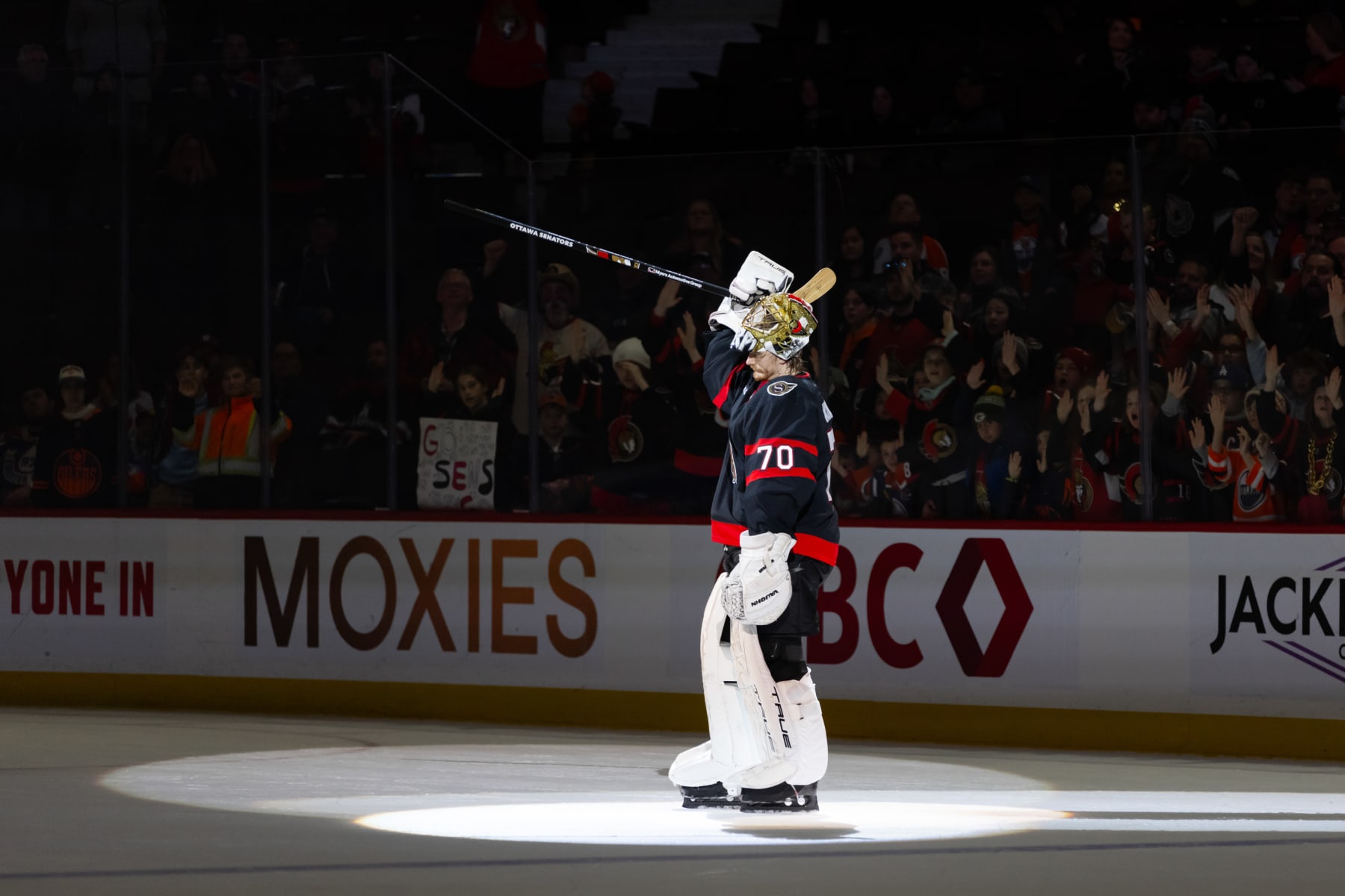 OTTAWA, ON - MARCH 24: Ottawa Senators Goalie Joonas Korpisalo (70) during three stars after National Hockey League action between the Edmonton Oilers and Ottawa Senators on March 24, 2024, at Canadian Tire Centre in Ottawa, ON, Canada. (Photo by Richard A. Whittaker/Icon Sportswire via Getty Images)