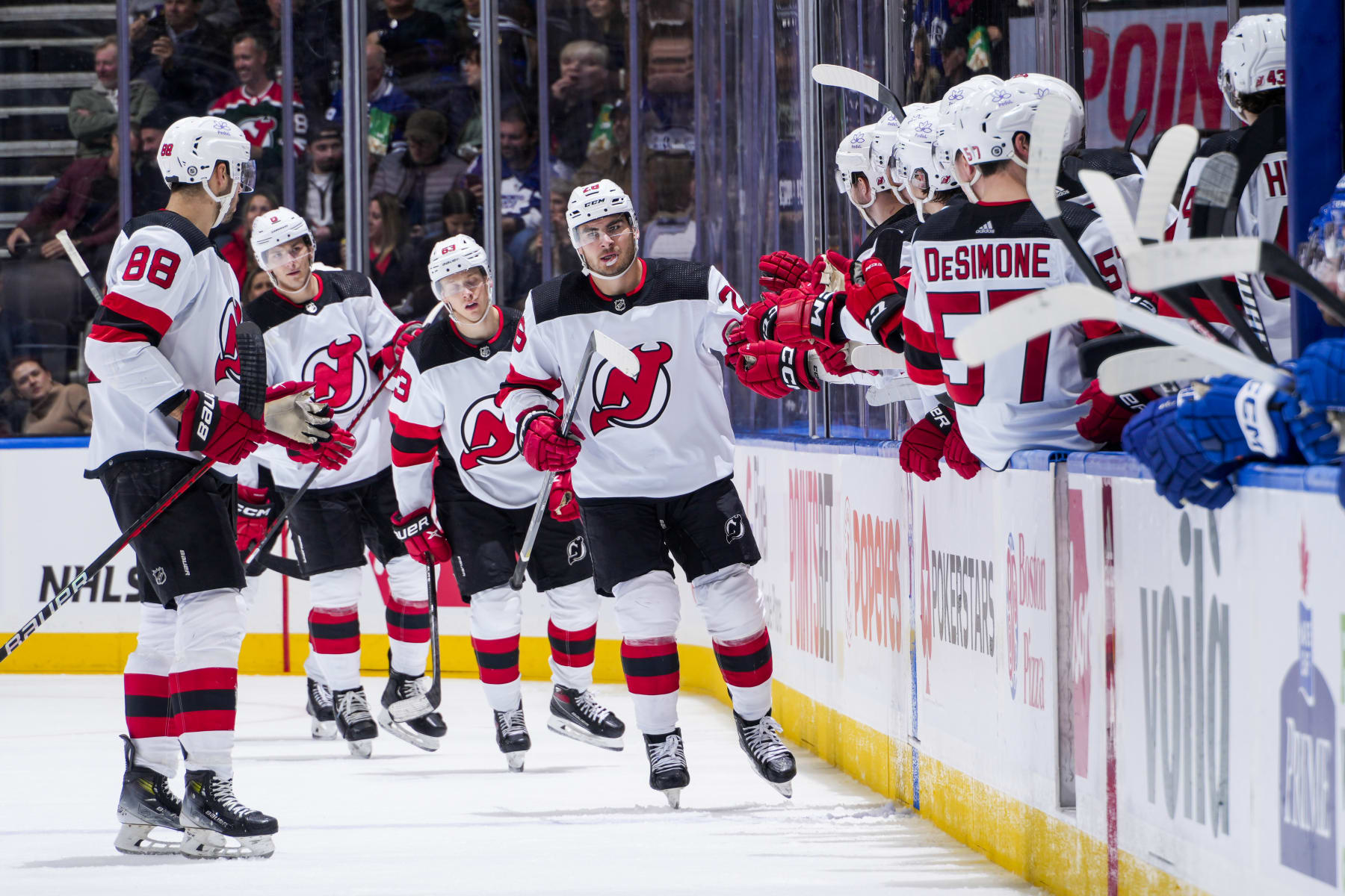 TORONTO, ON - MARCH 26: Timo Meier #28 of the New Jersey Devils celebrates his goal against the Toronto Maple Leafs during the second period at Scotiabank Arena on March 26, 2024 in Toronto, Ontario, Canada. (Photo by Kevin Sousa/NHLI via Getty Images)