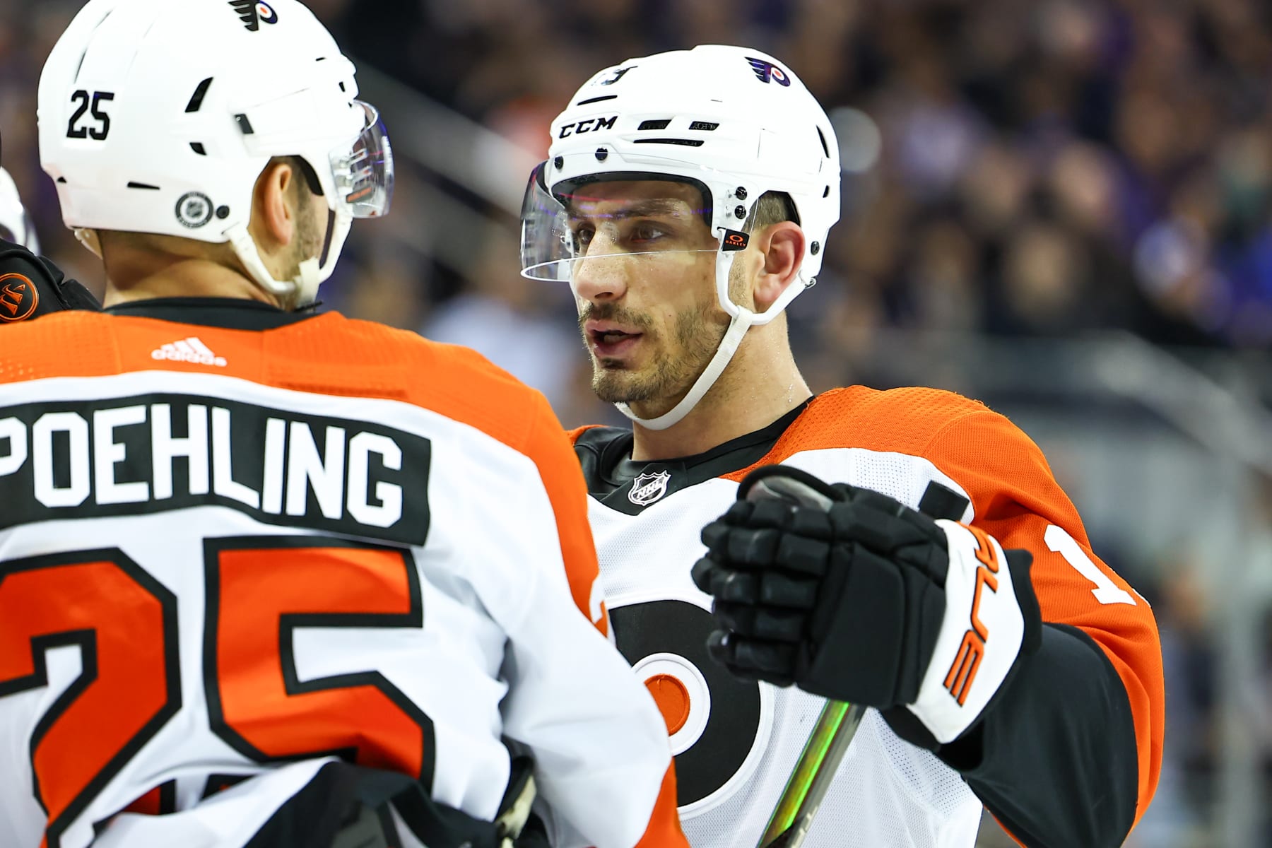 NEW YORK, NY - MARCH 26: Garnet Hathaway #19 of the Philadelphia Flyers talks with Ryan Poehling #25 during the game agaisnt the New York Rangers at Madison Square Garden on March 26, 2024 in New York, New York. (Photo by Rich Graessle/Getty Images)