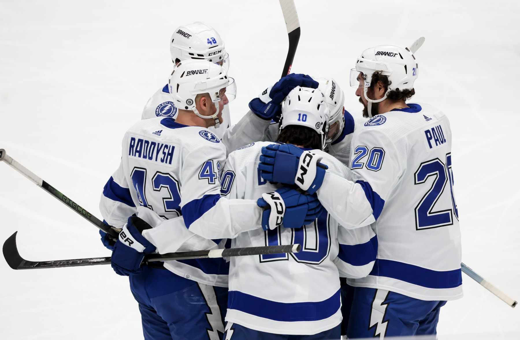 ANAHEIM, CA - MARCH 24: Anthony Duclair #10 of the Tampa Bay Lightning celebrates his goal with teammates during the second period against the Anaheim Ducks at Honda Center on March 24, 2024 in Anaheim, California. (Photo by Debora Robinson/NHLI via Getty Images)