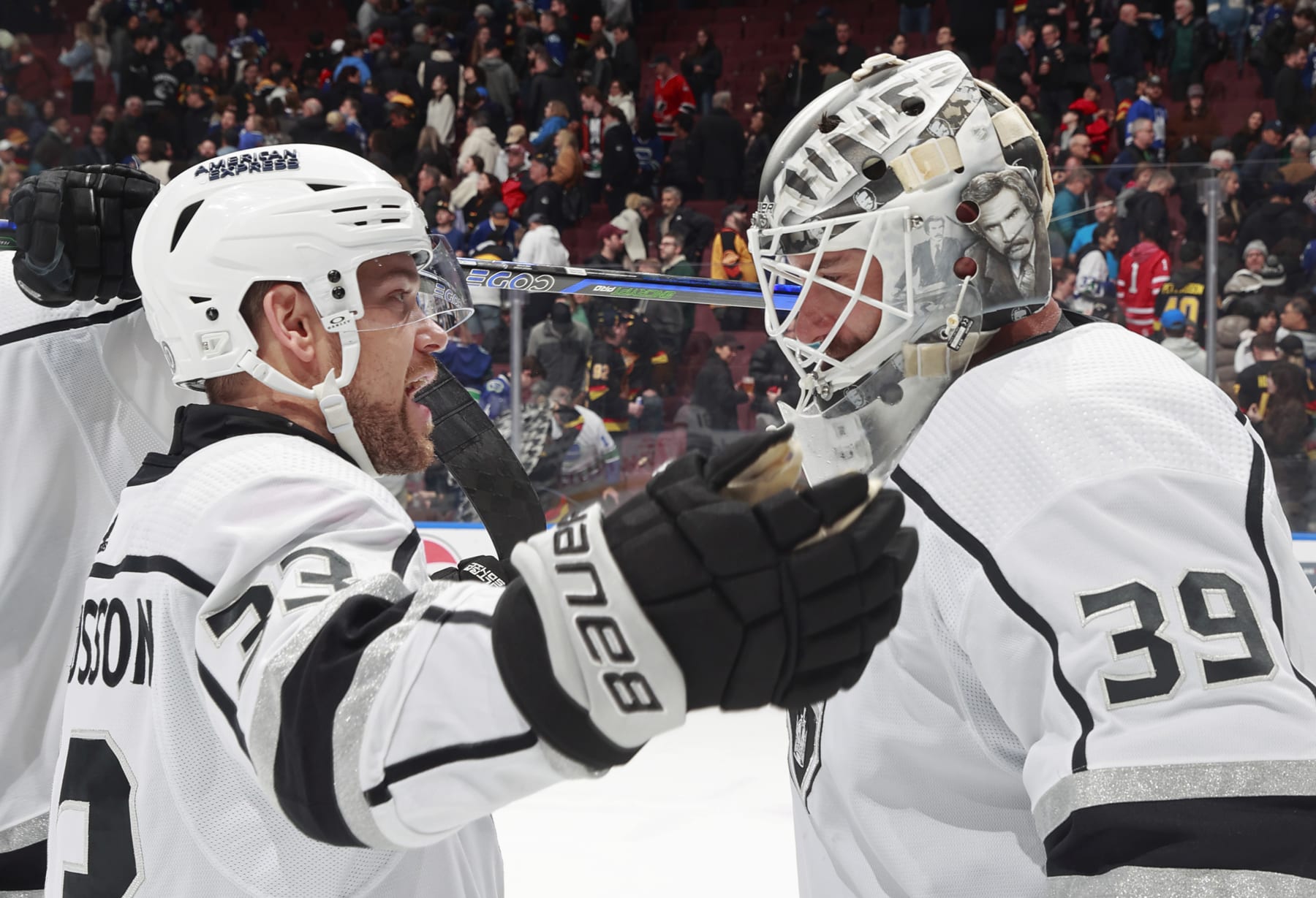 VANCOUVER, CANADA - MARCH 25: Viktor Arvidsson #33 and Cam Talbot #39 of the Los Angeles Kings celebrate after winning their NHL game against the Vancouver Canucks at Rogers Arena on March 25, 2024 in Vancouver, British Columbia, Canada. Los Angeles won 3-2. (Photo by Jeff Vinnick/NHLI via Getty Images)