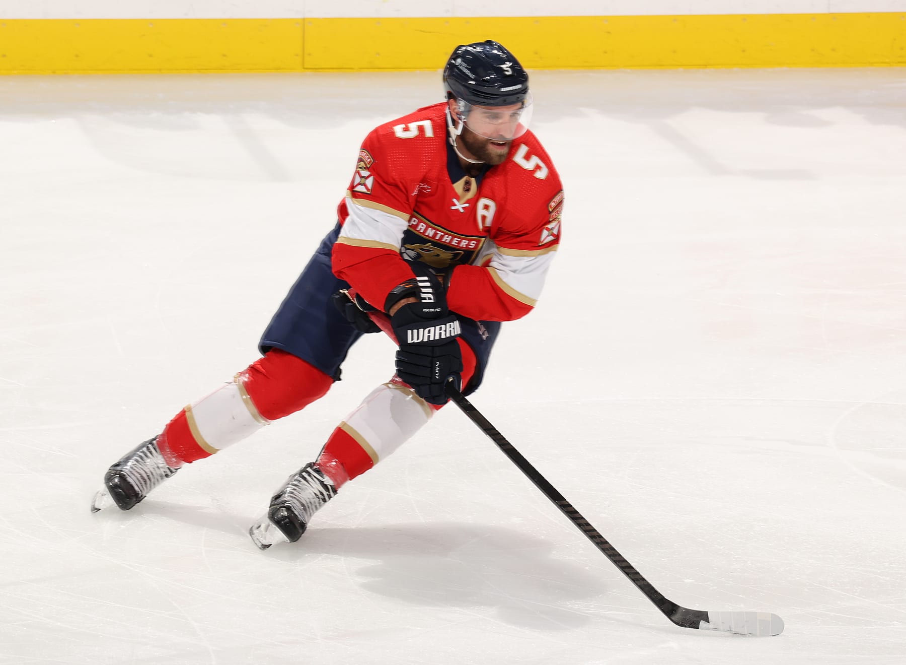SUNRISE, FL - MARCH 9: Aaron Ekblad #5 of the Florida Panthers skates prior to the game against the Calgary Flames at the Amerant Bank Arena on March 9, 2024 in Sunrise, Florida. (Photo by Joel Auerbach/Getty Images)