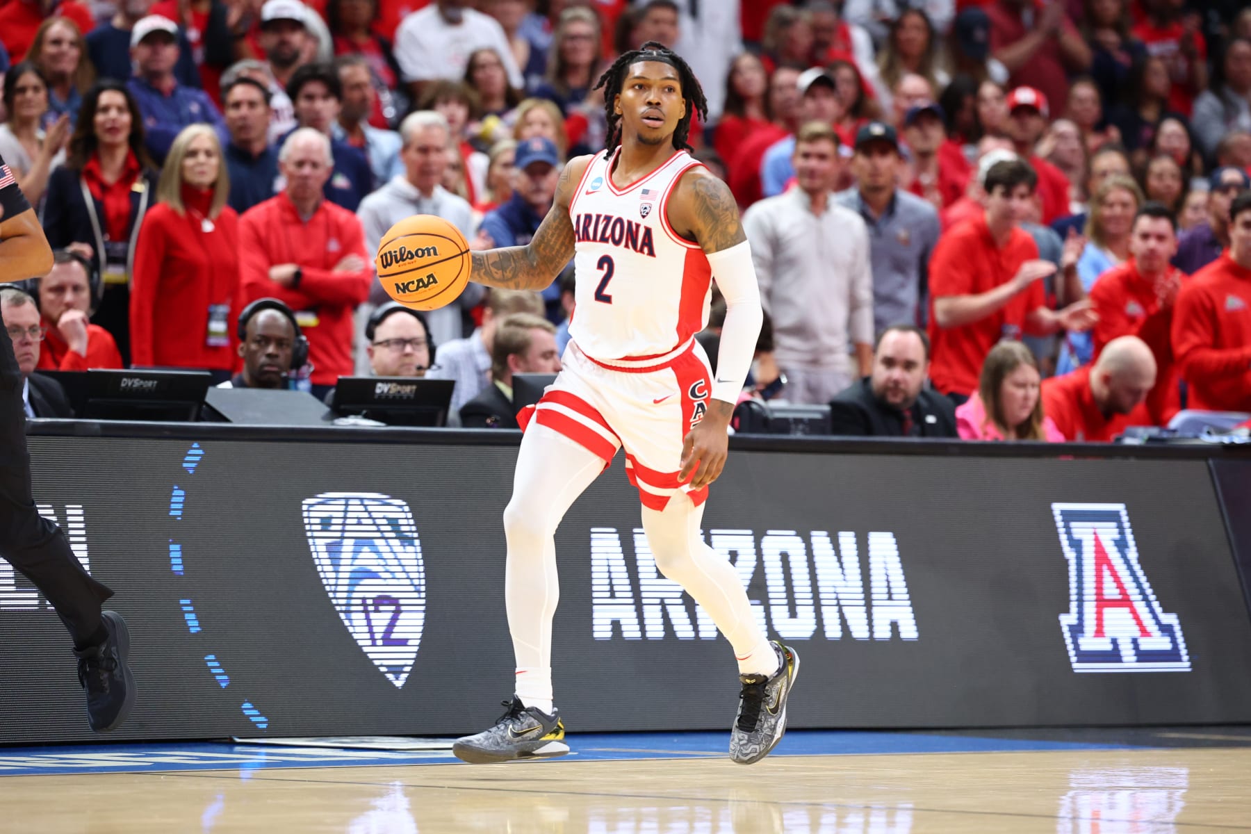 LOS ANGELES, CALIFORNIA - MARCH 28: Caleb Love #2 of the Arizona Wildcats dribbles the ball up during the Sweet Sixteen round of the 2024 NCAA Men's Basketball Tournament held at Crypto.com Arena on March 28, 2024 in Los Angeles, California. (Photo by C. Morgan Engel/NCAA Photos via Getty Images)