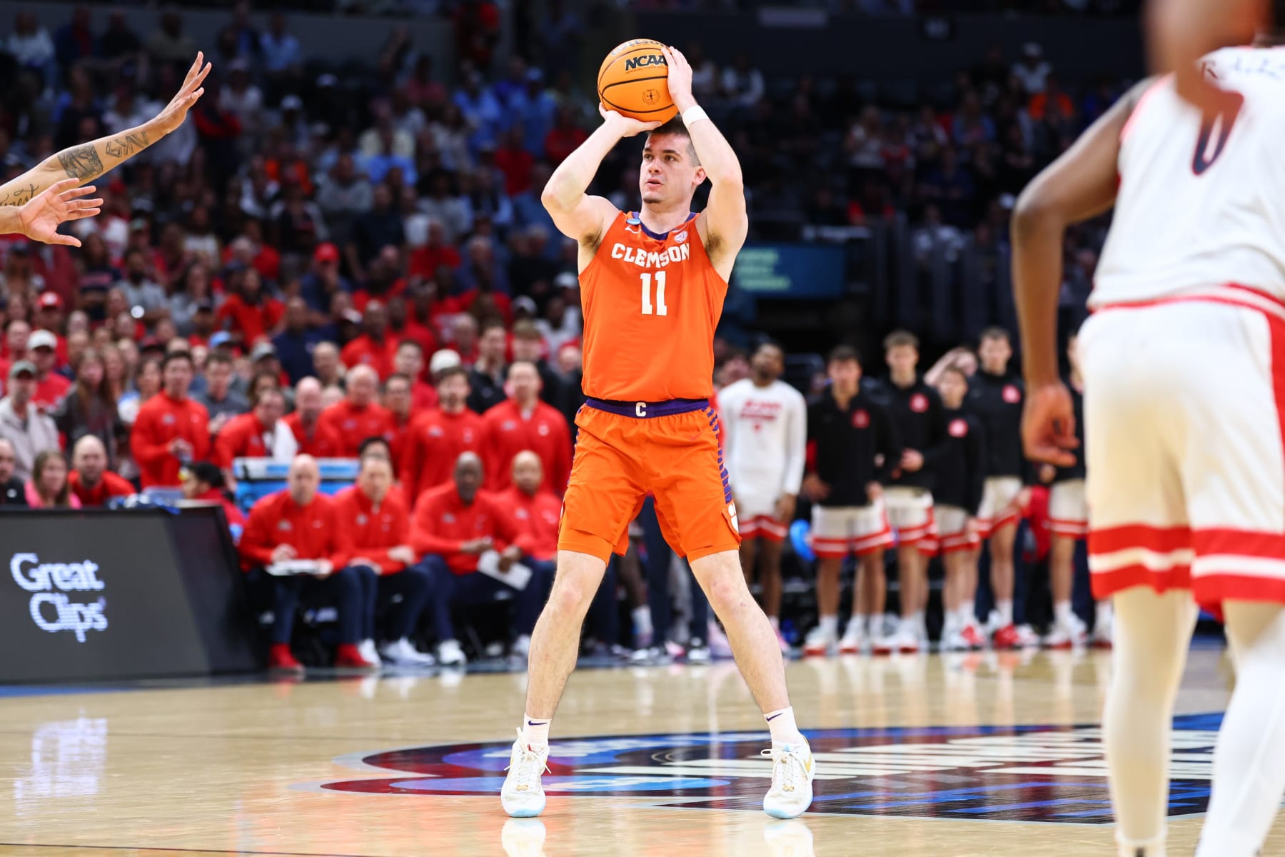 LOS ANGELES, CALIFORNIA - MARCH 28: Joseph Girard III #11 of the Clemson Tigers shoots during the Sweet Sixteen round of the 2024 NCAA Men's Basketball Tournament held at Crypto.com Arena on March 28, 2024 in Los Angeles, California. (Photo by C. Morgan Engel/NCAA Photos via Getty Images)