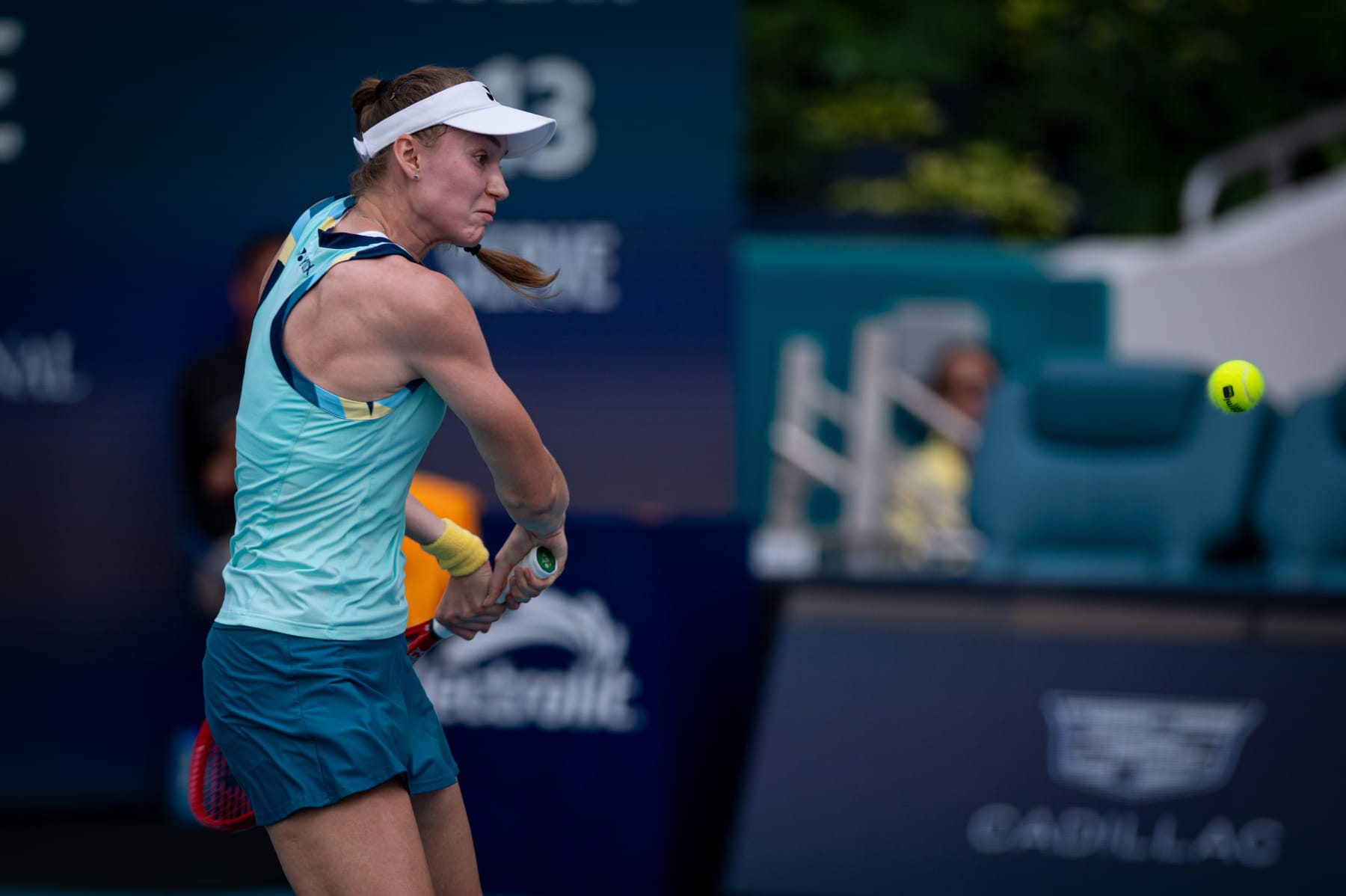 MIAMI GARDENS, FLORIDA - MARCH 28: Elena Rybakina from Kazakhstan competes against Victoria Azarenka from Belarus (not seen) during the Quarterfinals of women's singles of 2024 Miami Open at Hard Rock Stadium on March 28, 2024 in Miami Gardens, Florida. (Photo by Arturo Jimenez/Anadolu via Getty Images)