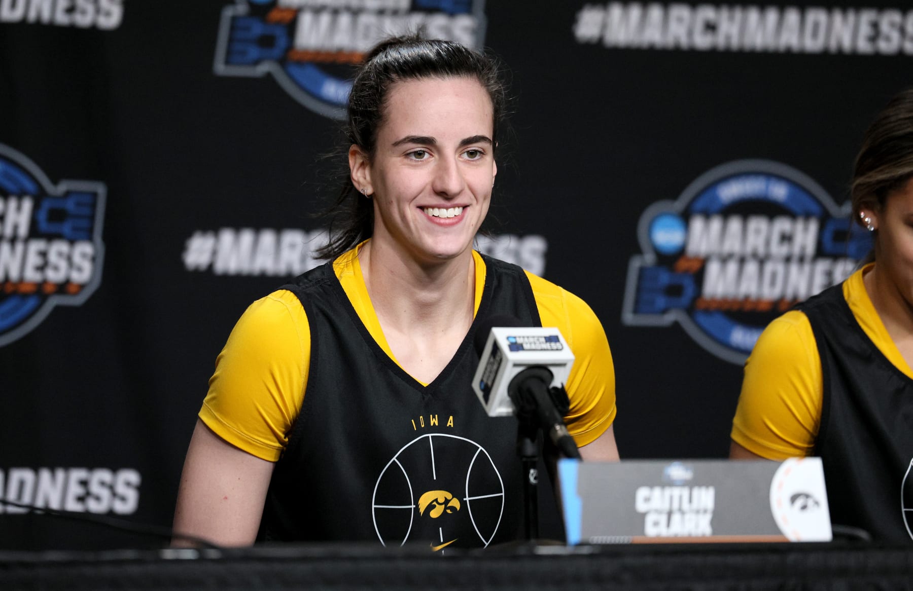 ALBANY, NEW YORK - MARCH 29: Caitlin Clark #22 of the Iowa Hawkeyes talks to the media following practice for the NCAA Women's Basketball Tournament - Albany Regional at MVP Arena on March 29, 2024 in Albany, New York. (Photo by Andy Lyons/Getty Images)