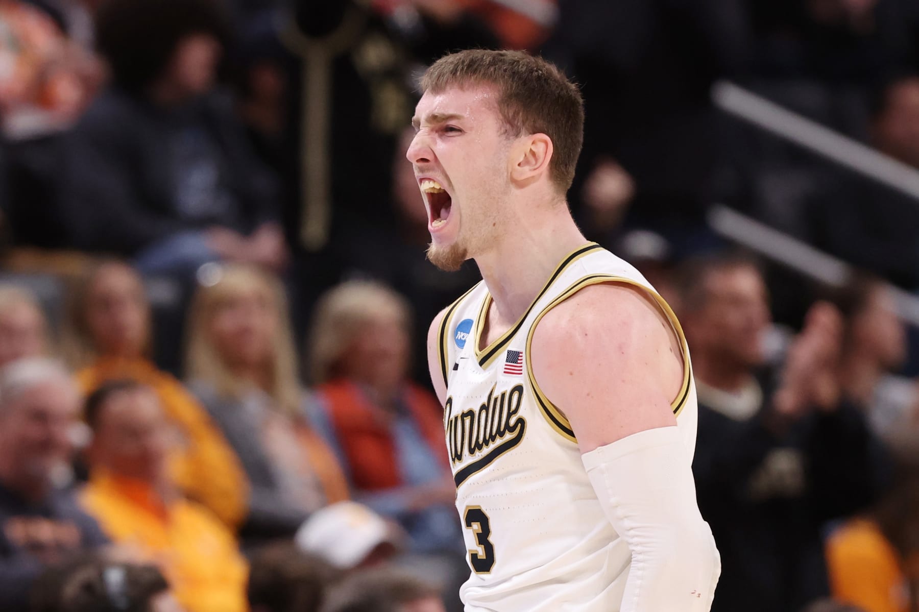 DETROIT, MICHIGAN - MARCH 29: Braden Smith #3 of the Purdue Boilermakers reacts after a basket during the first half against the Gonzaga Bulldogs in the Sweet 16 round of the NCAA Men's Basketball Tournament at Little Caesars Arena on March 29, 2024 in Detroit, Michigan. (Photo by Gregory Shamus/Getty Images)