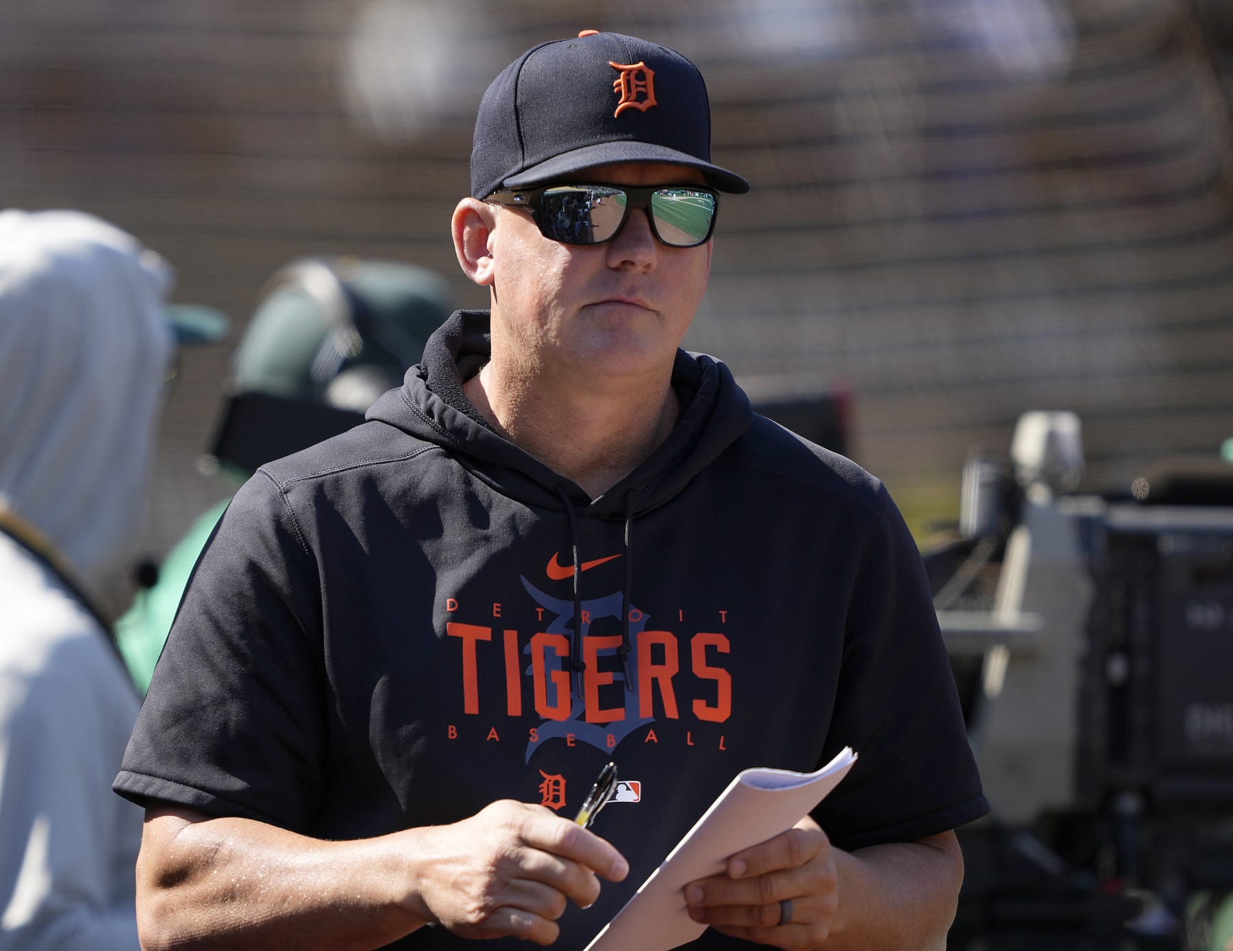 OAKLAND, CALIFORNIA - SEPTEMBER 23: Manager A.J. Hinch #14 of the Detroit Tigers looks on from the dugout against the Oakland Athletics in the bottom of the seventh inning at RingCentral Coliseum on September 23, 2023 in Oakland, California. (Photo by Thearon W. Henderson/Getty Images)