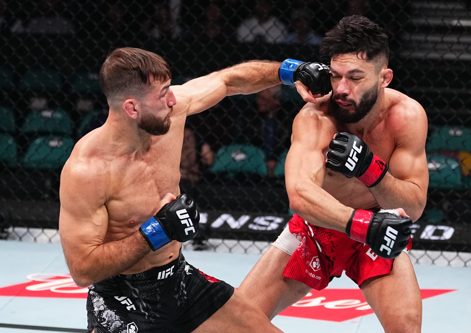 ATLANTIC CITY, NEW JERSEY - MARCH 30: (L-R) Connor Matthews punches Dennis Buzukja in a featherweight bout during the UFC Fight Night event at Boardwalk Hall Arena on March 30, 2024 in Atlantic City, New Jersey. (Photo by Jeff Bottari/Zuffa LLC via Getty Images)
