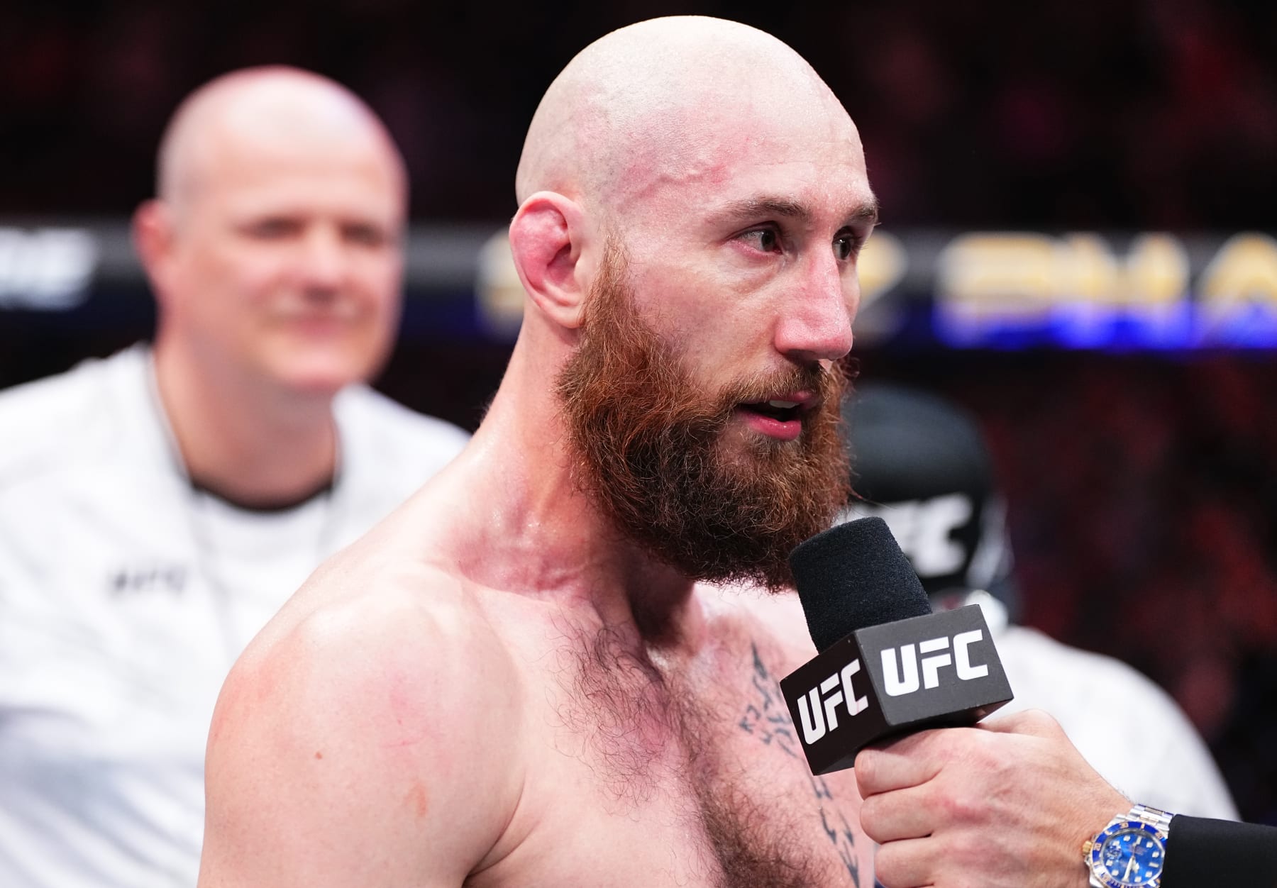 ATLANTIC CITY, NEW JERSEY - MARCH 30: Kyle Nelson of Canada reacts after his TKO victory against Bill Algeo in a featherweight bout during the UFC Fight Night event at Boardwalk Hall Arena on March 30, 2024 in Atlantic City, New Jersey. (Photo by Jeff Bottari/Zuffa LLC via Getty Images)