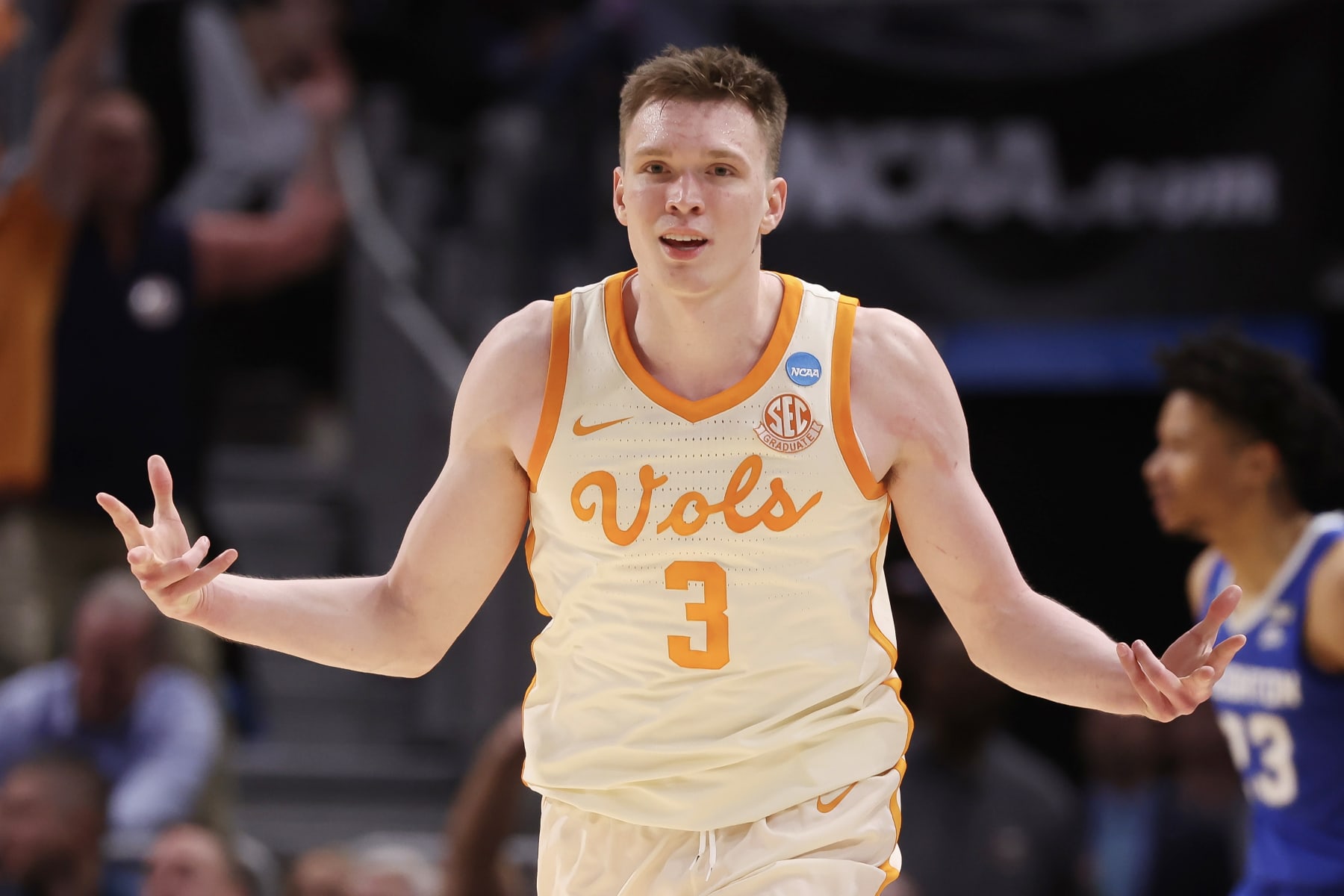 DETROIT, MICHIGAN - MARCH 29: Dalton Knecht #3 of the Tennessee Volunteers reacts during the second half against the Creighton Bluejays in the Sweet 16 round of the NCAA Men's Basketball Tournament at Little Caesars Arena on March 29, 2024 in Detroit, Michigan. (Photo by Gregory Shamus/Getty Images)