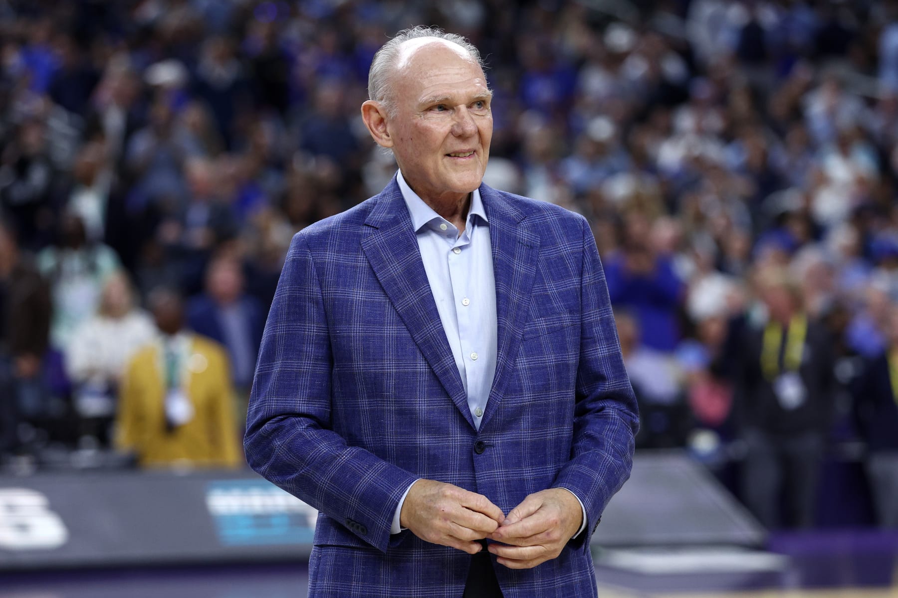NEW ORLEANS, LOUISIANA - APRIL 02: George Karl is presented as a 2022 Naismith Basketball Hall of Fame inductee at halftime of the game between the North Carolina Tar Heels and the Duke Blue Devils during the 2022 NCAA Men's Basketball Tournament Final Four semifinal at Caesars Superdome on April 02, 2022 in New Orleans, Louisiana. (Photo by Tom Pennington/Getty Images)