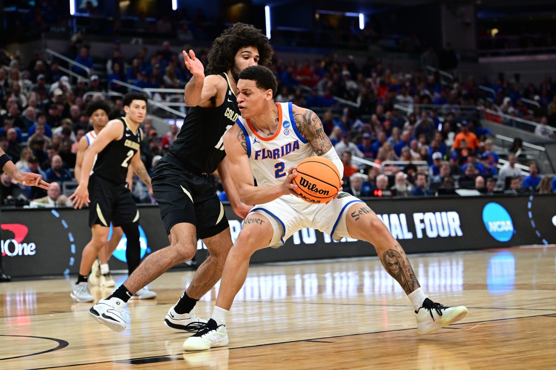 INDIANAPOLIS, INDIANA - MARCH 22: Riley Kugel #2 of the Florida Gators goes to the basket during the first round of the 2024 NCAA Men's Basketball Tournament held at Gainbridge Fieldhouse on March 22, 2024 in Indianapolis, Indiana. (Photo by Ben Solomon/NCAA Photos via Getty Images)