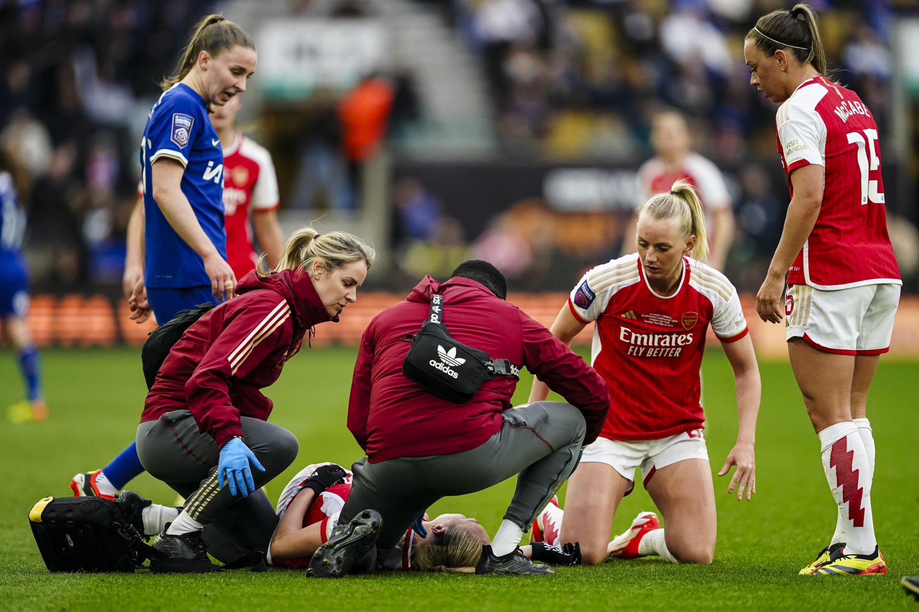 WOLVERHAMPTON, ENGLAND - MARCH 31: Frida Maanum of Arsenal (C) lies injured while is assisted by medics during the FA Women's Continental Tyres League Cup Final match between Arsenal and Chelsea at Molineux on March 31, 2024 in Wolverhampton, England. (Photo by Daniela Porcelli/Eurasia Sport Images/Getty Images)
