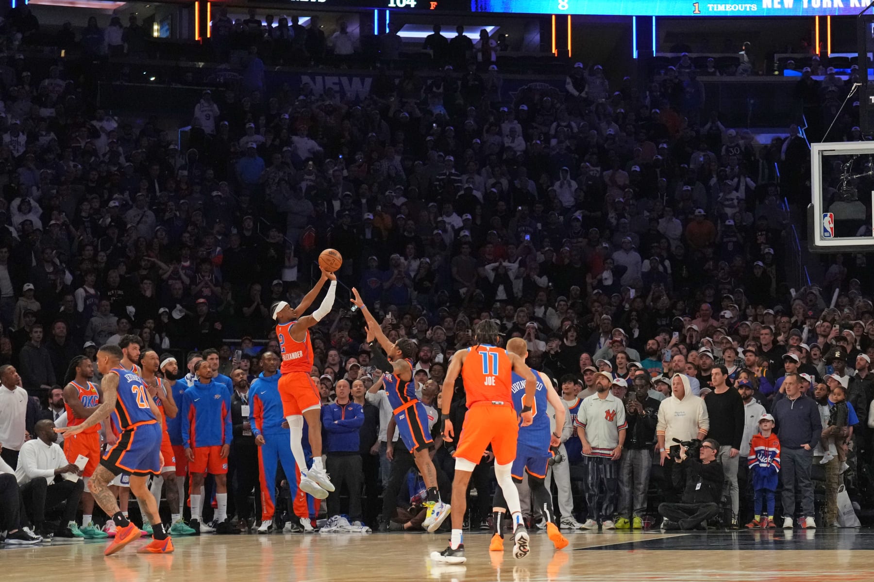 NEW YORK, NY - MARCH 31: Shai Gilgeous-Alexander #2 of the Oklahoma City Thunder scores the game winning basket during the game against the New York Knicks on March 31, 2024 at Madison Square Garden in New York City, New York.  NOTE TO USER: User expressly acknowledges and agrees that, by downloading and or using this photograph, User is consenting to the terms and conditions of the Getty Images License Agreement. Mandatory Copyright Notice: Copyright 2024 NBAE  (Photo by Jesse D. Garrabrant/NBAE via Getty Images)