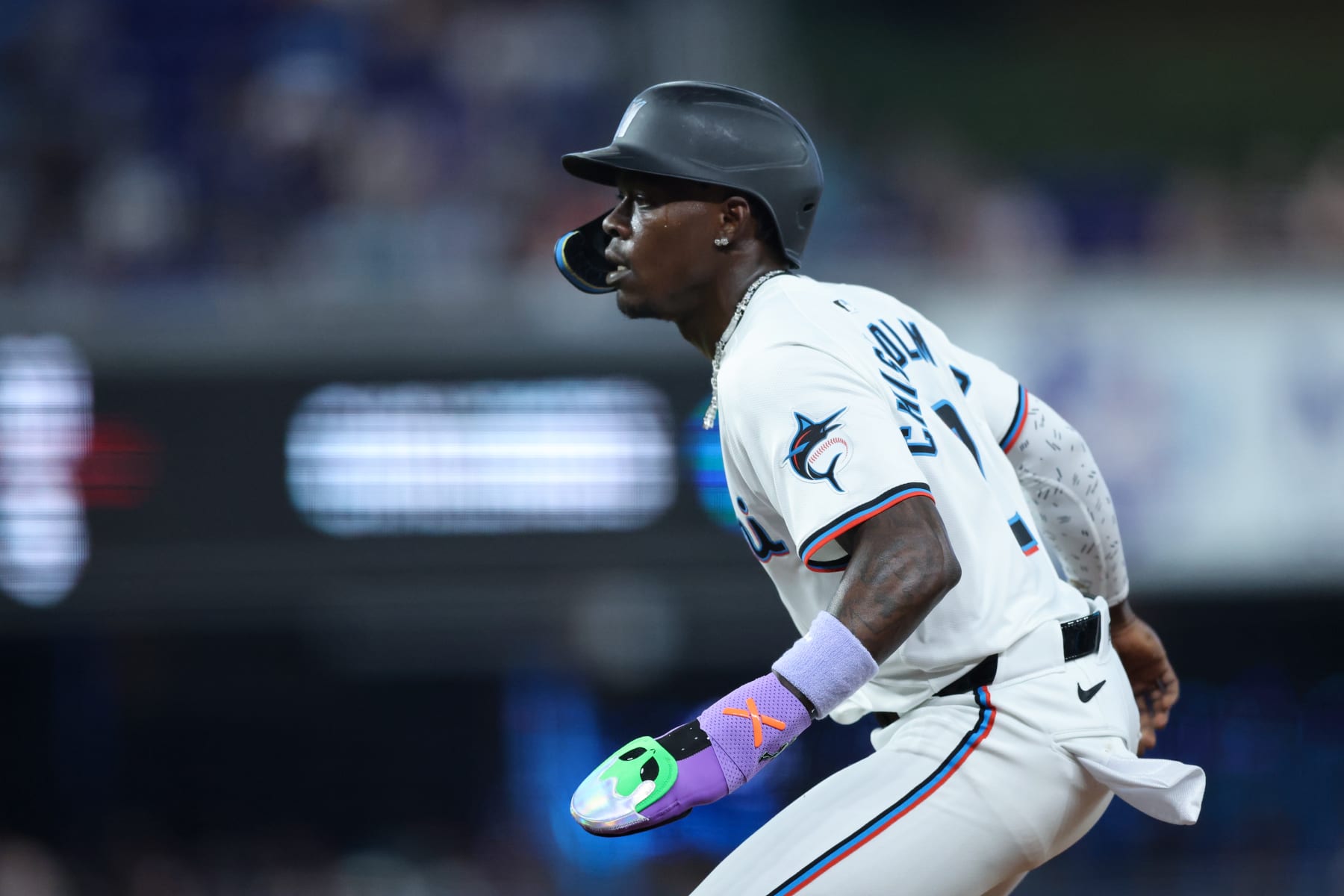 MIAMI, FL - MARCH 28: Jazz Chisholm Jr. #2 of the Miami Marlins leads off first base during the game between the Pittsburgh Pirates and the Miami Marlins at loanDepot park on Thursday, March 28, 2024 in Miami, Florida. (Photo by Kelly Gavin/MLB Photos via Getty Images)