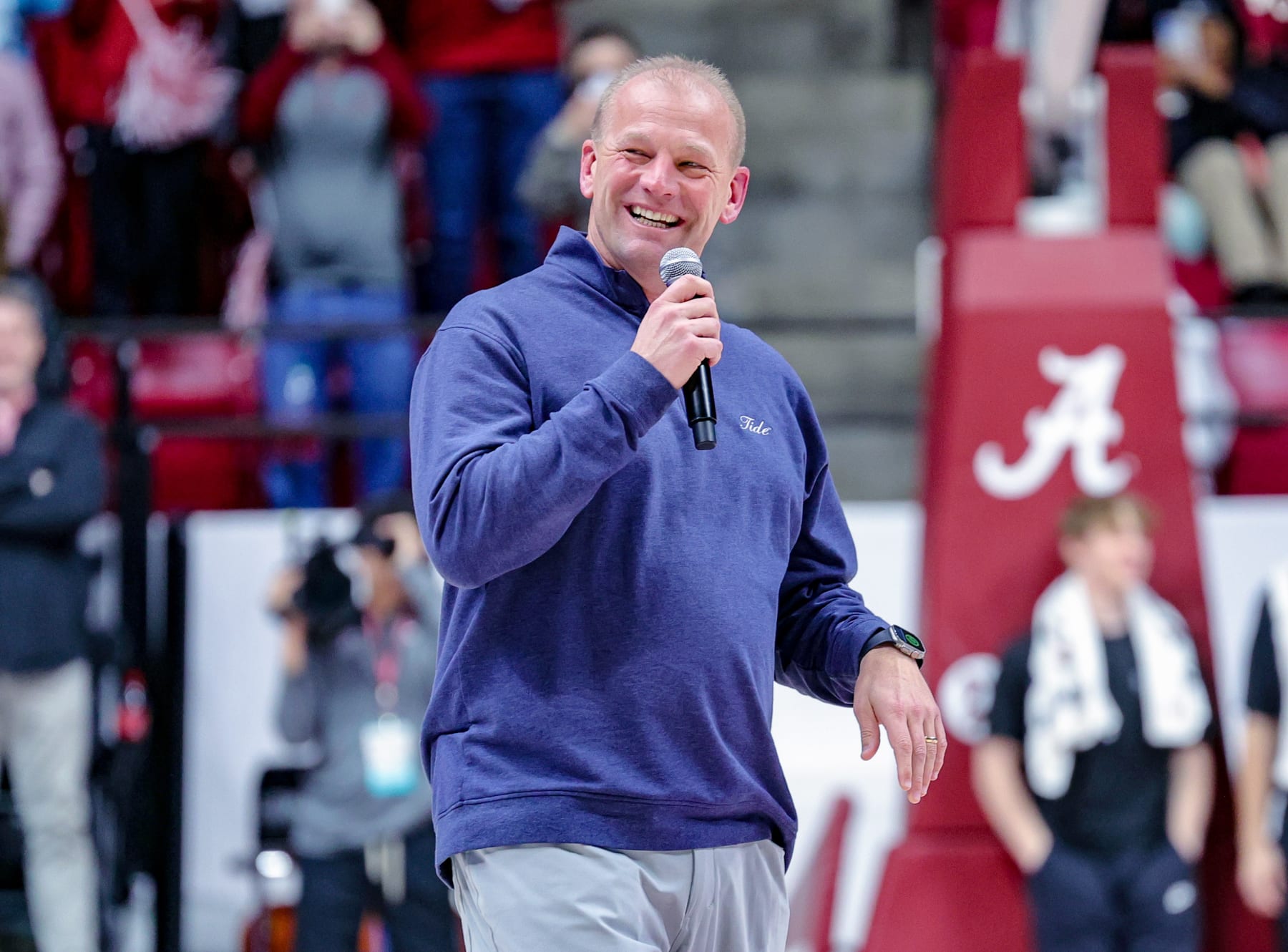 TUSCALOOSA, ALABAMA - JANUARY 16: Alabama Crimson Tide head football coach Karen Deboer addresses the crowd during a time out against the Missouri Tigers at Coleman Coliseum on January 16, 2024 in Tuscaloosa, Alabama. (Photo by Brandon Sumrall/Getty Images)