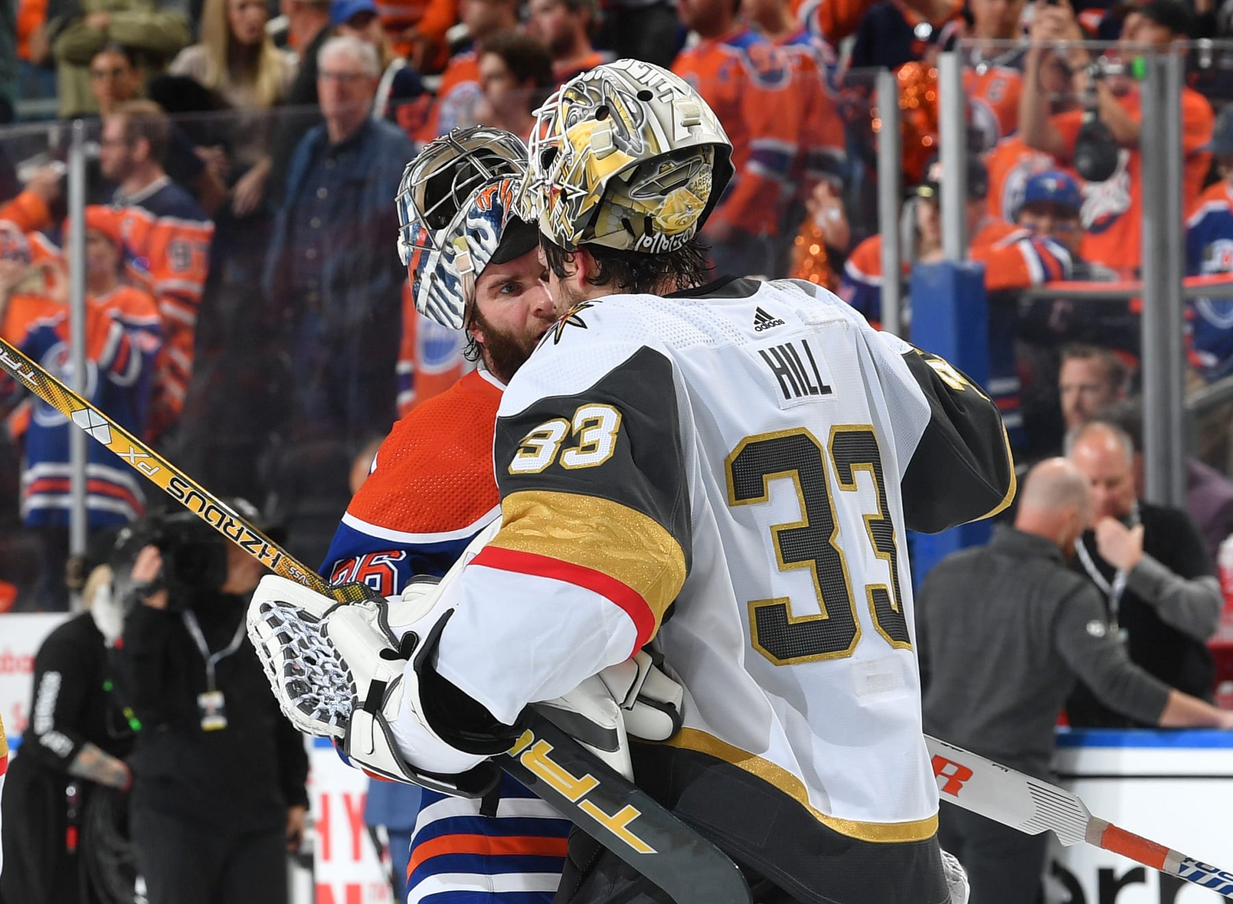 EDMONTON, CANADA - MAY 14 Jack Campbell #36 of the Edmonton Oilers shakes hands with Adin Hill #33 of the Vegas Golden Knights after Game Six of the Second Round of the 2023 Stanley Cup Playoffs at Rogers Place on May 14, 2023, in Edmonton, Alberta, Canada. (Photo by Andy Devlin/NHLI via Getty Images)