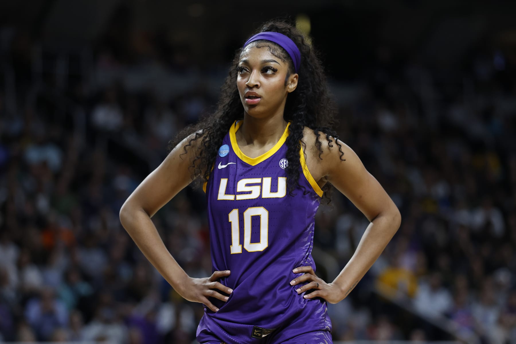 ALBANY, NEW YORK - APRIL 01: Angel Reese #10 of the LSU Tigers looks on during the first half against the Iowa Hawkeyes in the Elite 8 round of the NCAA Women's Basketball Tournament at MVP Arena on April 01, 2024 in Albany, New York. (Photo by Sarah Stier/Getty Images)