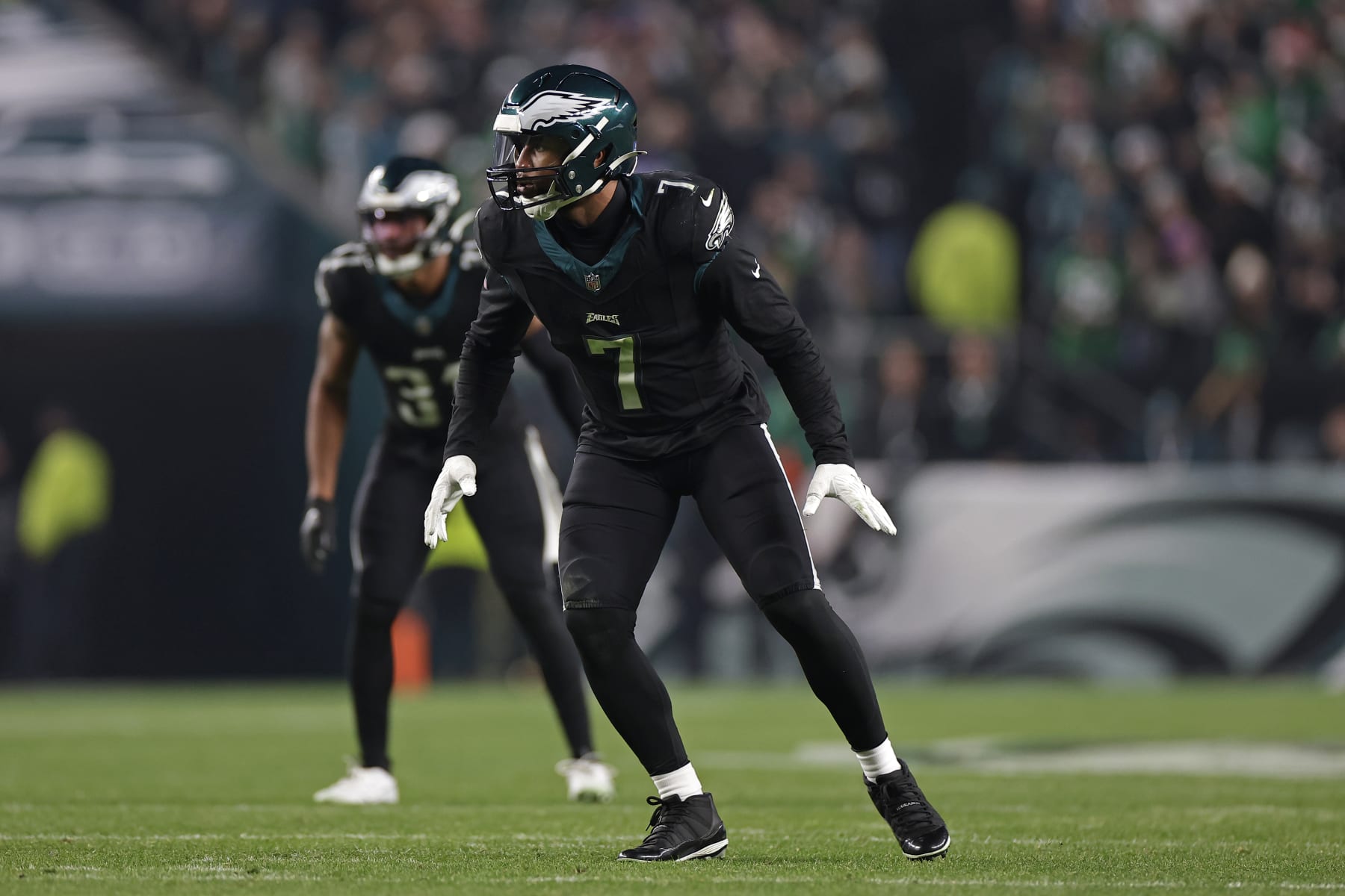 PHILADELPHIA, PENNSYLVANIA - DECEMBER 25: Haason Reddick #7 of the Philadelphia Eagles in action against the New York Giants at Lincoln Financial Field on December 25, 2023 in Philadelphia, Pennsylvania. (Photo by Adam Hunger/Getty Images)