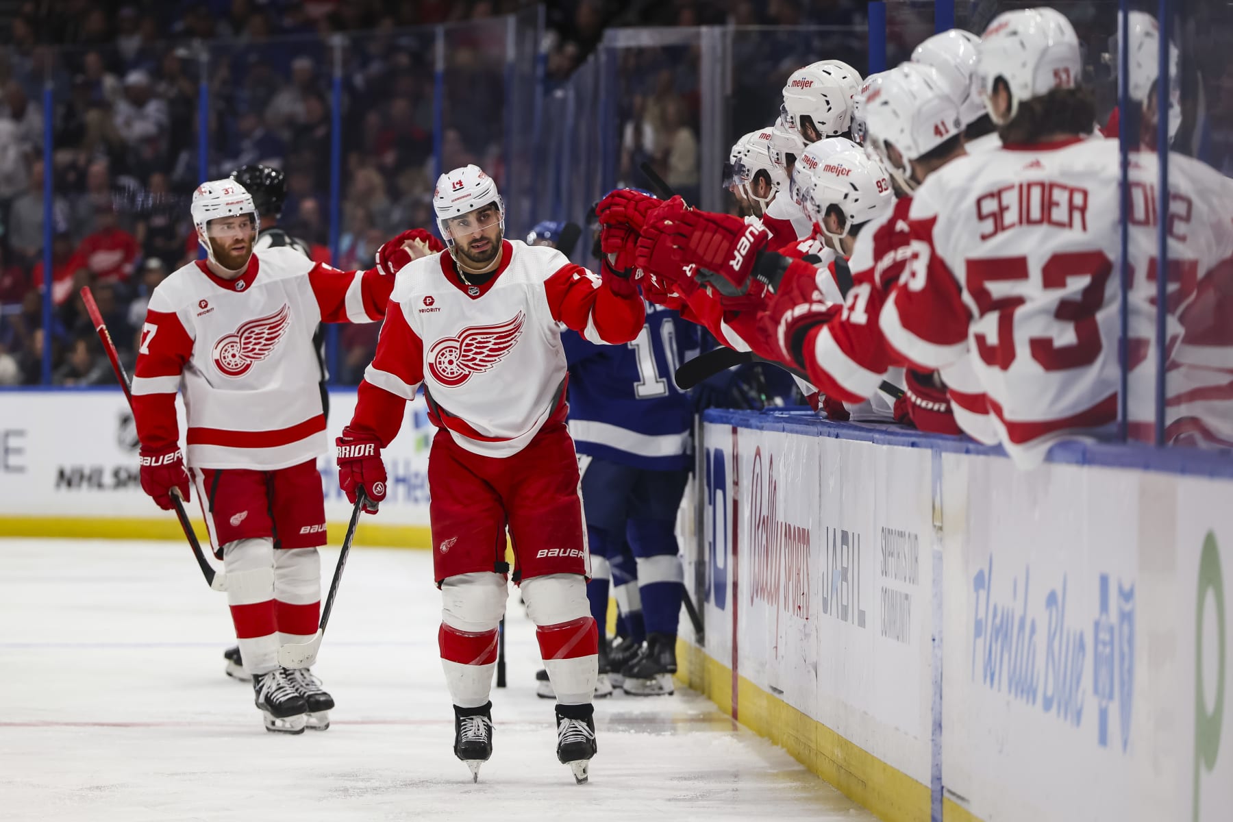 TAMPA, FL - APRIL 1: Robby Fabbri #14 of the Detroit Red Wings celebrates a goal against the Tampa Bay Lightning during the third period at Amalie Arena on April 1, 2024 in Tampa, Florida. (Photo by Mark LoMoglio/NHLI via Getty Images)