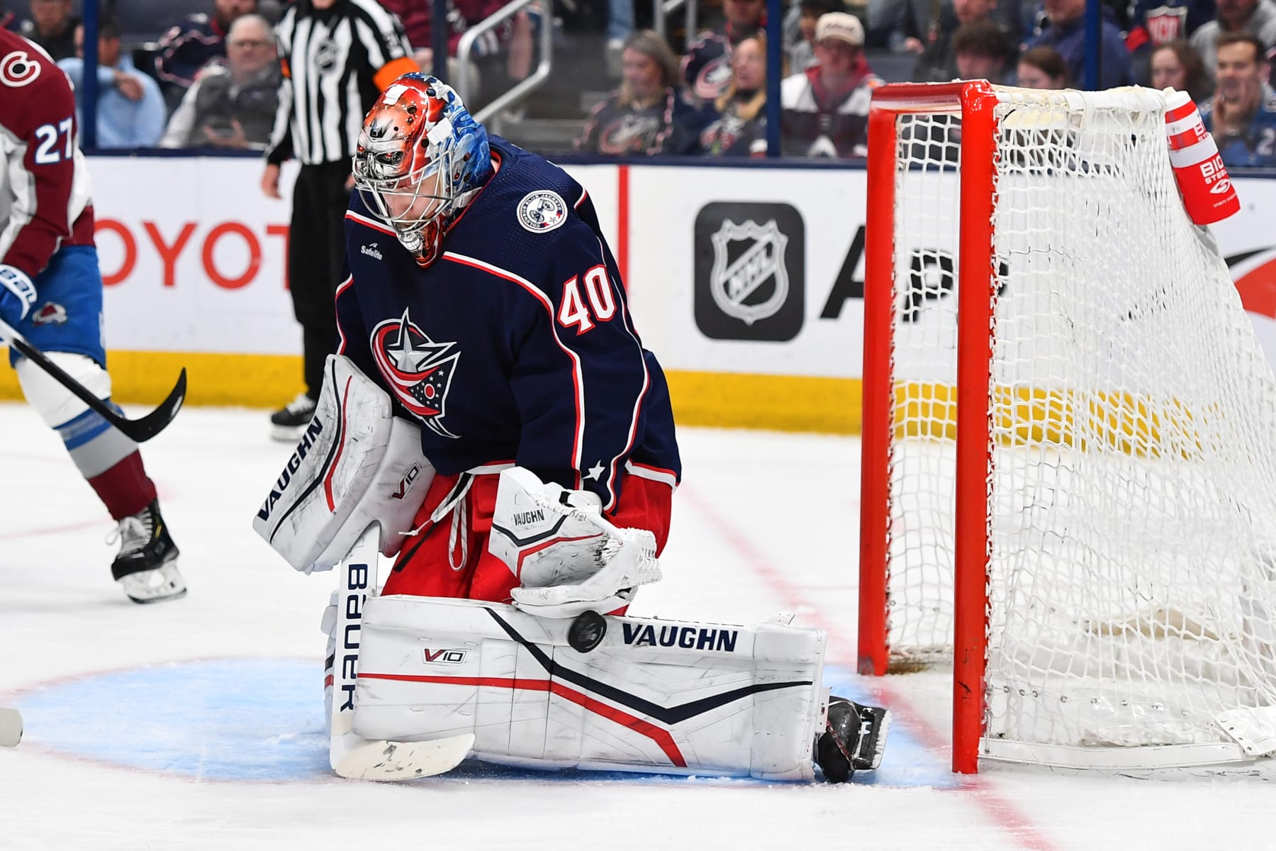 COLUMBUS, OHIO - APRIL 1: Goaltender Daniil Tarasov #40 of the Columbus Blue Jackets blocks a shot during the second period of a game against the Colorado Avalanche at Nationwide Arena on April 1, 2024 in Columbus, Ohio. (Photo by Ben Jackson/NHLI via Getty Images)