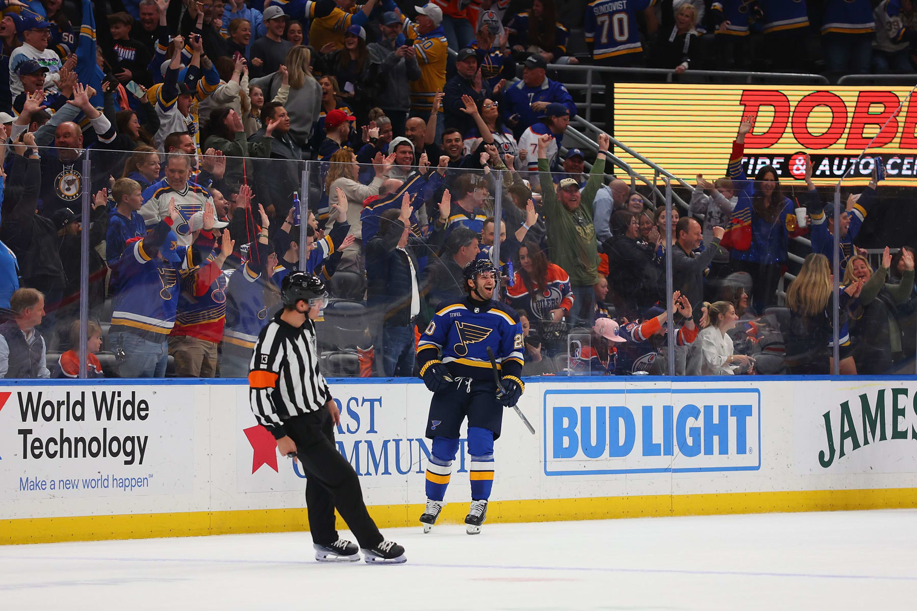 ST LOUIS, MISSOURI - APRIL 01: Brandon Saad #20 of the St. Louis Blues celebrates after scoring the game-winning against the Edmonton Oilers during overtime at Enterprise Center on April 1, 2024 in St Louis, Missouri. (Photo by Dilip Vishwanat/Getty Images)