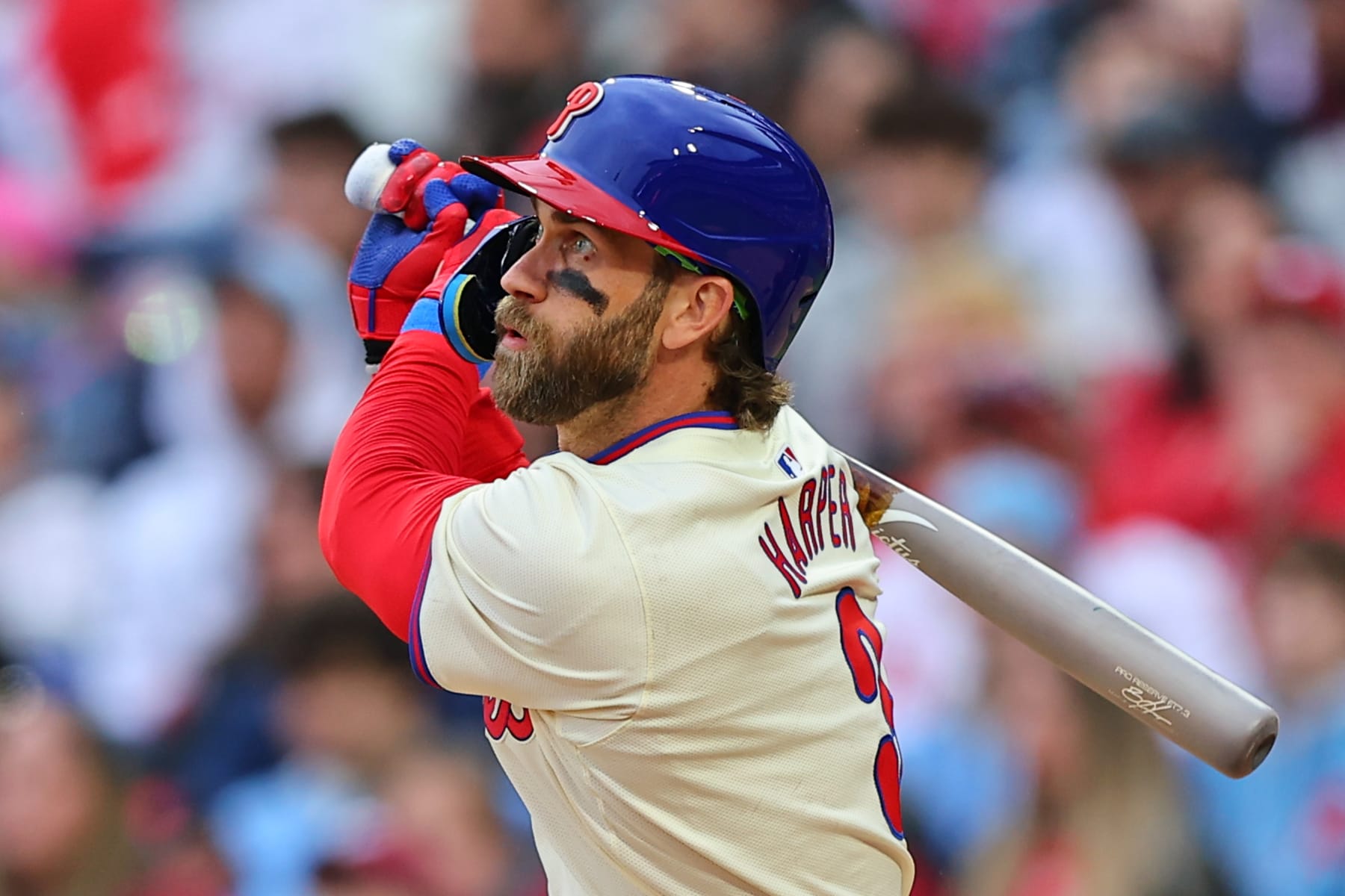 PHILADELPHIA, PA - MARCH 30: Bryce Harper (3) of the Philadelphia Phillies at bat during the game against the Atlanta Braves on March 30, 2024 at Citizens Bank Park in Philadelphia, Pennsylvania.  (Photo by Rich Graessle/Icon Sportswire via Getty Images)
