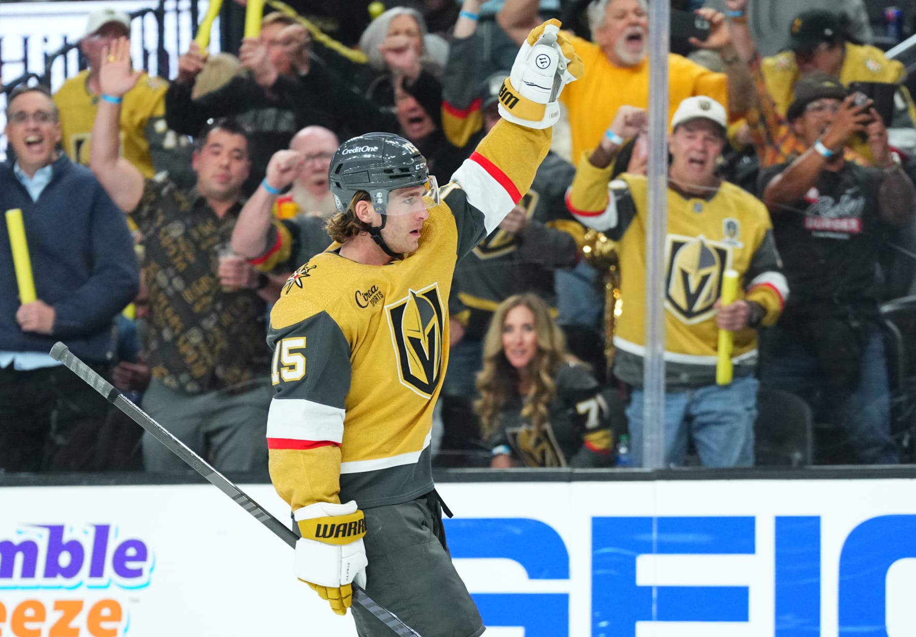 LAS VEGAS, NEVADA - APRIL 02: Noah Hanifin #15 of the Vegas Golden Knights celebrates after a goal during the first period against the Vancouver Canucks at T-Mobile Arena on April 02, 2024 in Las Vegas, Nevada. (Photo by Jeff Bottari/NHLI via Getty Images)
