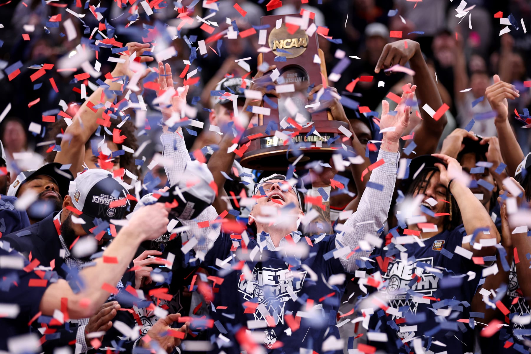 BOSTON, MASSACHUSETTS - MARCH 30: Head coach Dan Hurley of the Connecticut Huskies celebrates after defeating the Illinois Fighting Illini in the Elite 8 round of the NCAA Men's Basketball Tournament at TD Garden on March 30, 2024 in Boston, Massachusetts. (Photo by Michael Reaves/Getty Images)